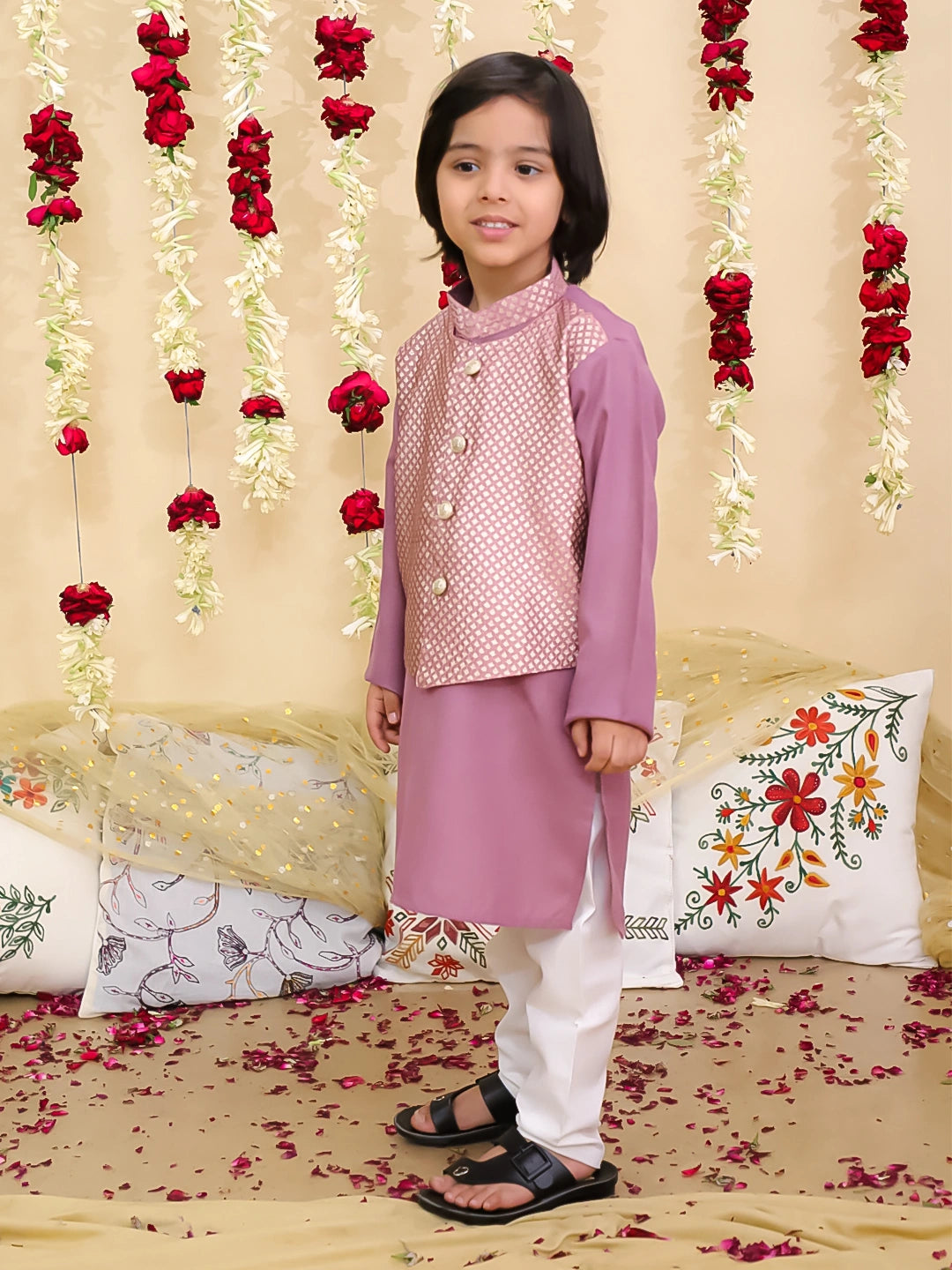 BownBee Jacquard Jacket with Solid Cotton Kurta Pajama Set for Boys- Maroon