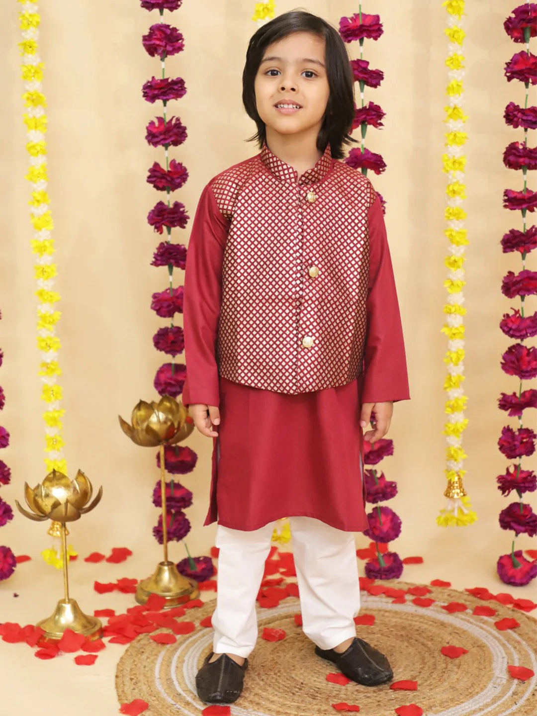 BownBee festive Silk Anarkali Suit Set With Jacquard Jacket Kurta Pajama Sibling Set