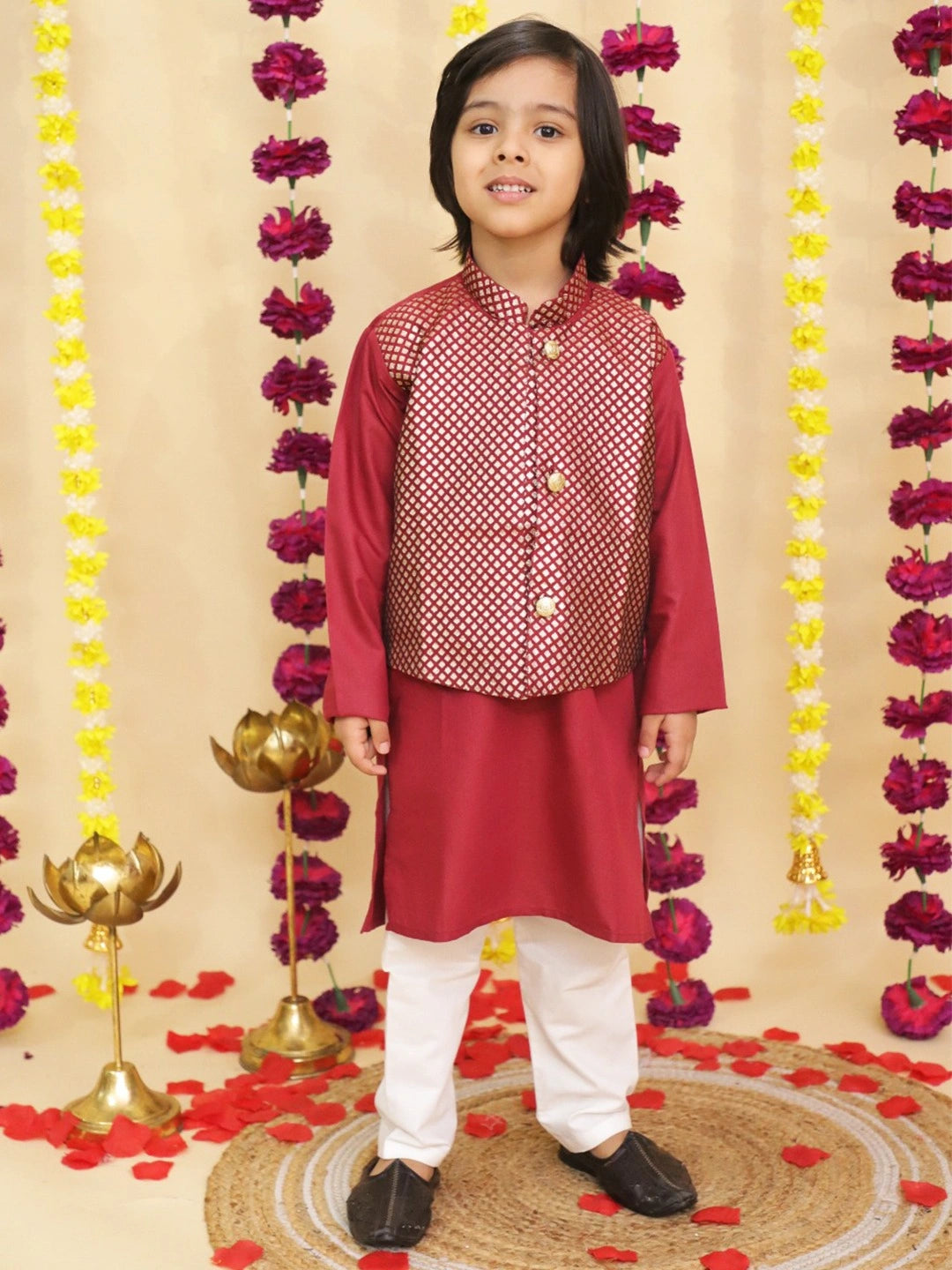 BownBee Jacquard Jacket with Solid Cotton Kurta Pajama Set for Boys- Blue