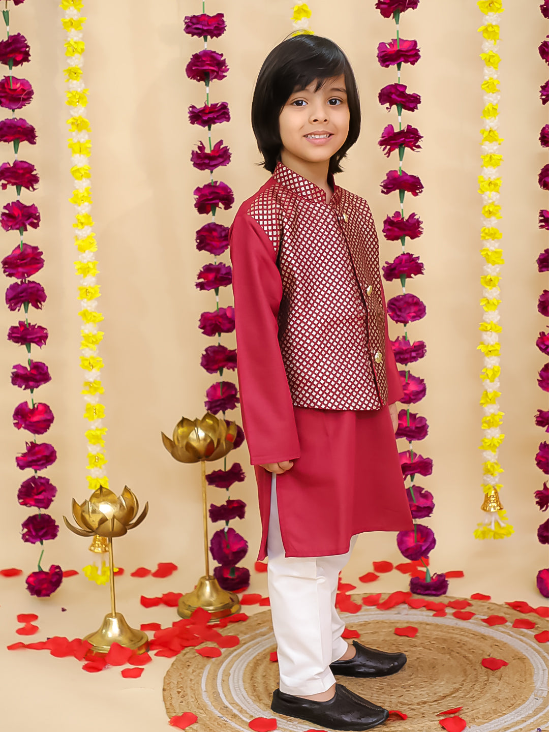 BownBee Jacquard Jacket with Solid Cotton Kurta Pajama Set for Boys- Maroon