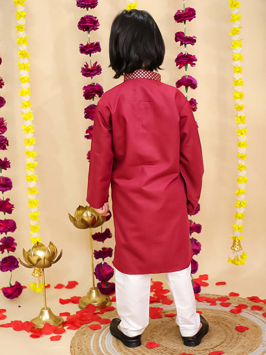 BownBee Jacquard Jacket with Solid Cotton Kurta Pajama Set for Boys- Maroon