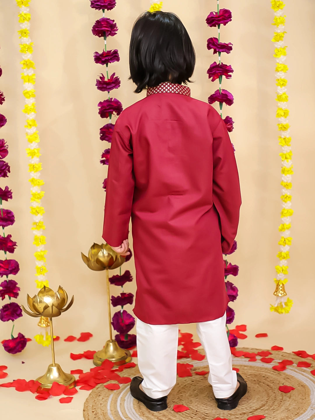 BownBee Jacquard Jacket with Solid Cotton Kurta Pajama Set for Boys- Lilac