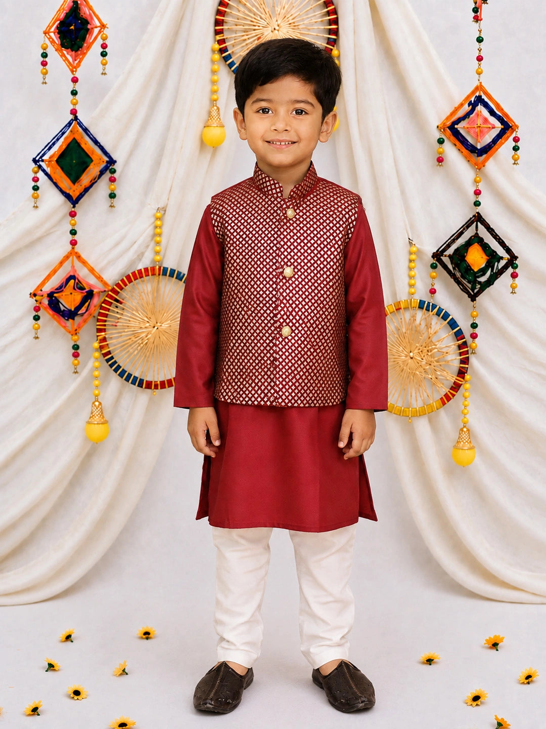 BownBee Jacquard Jacket with Solid Cotton Kurta Pajama Set for Boys- Maroon