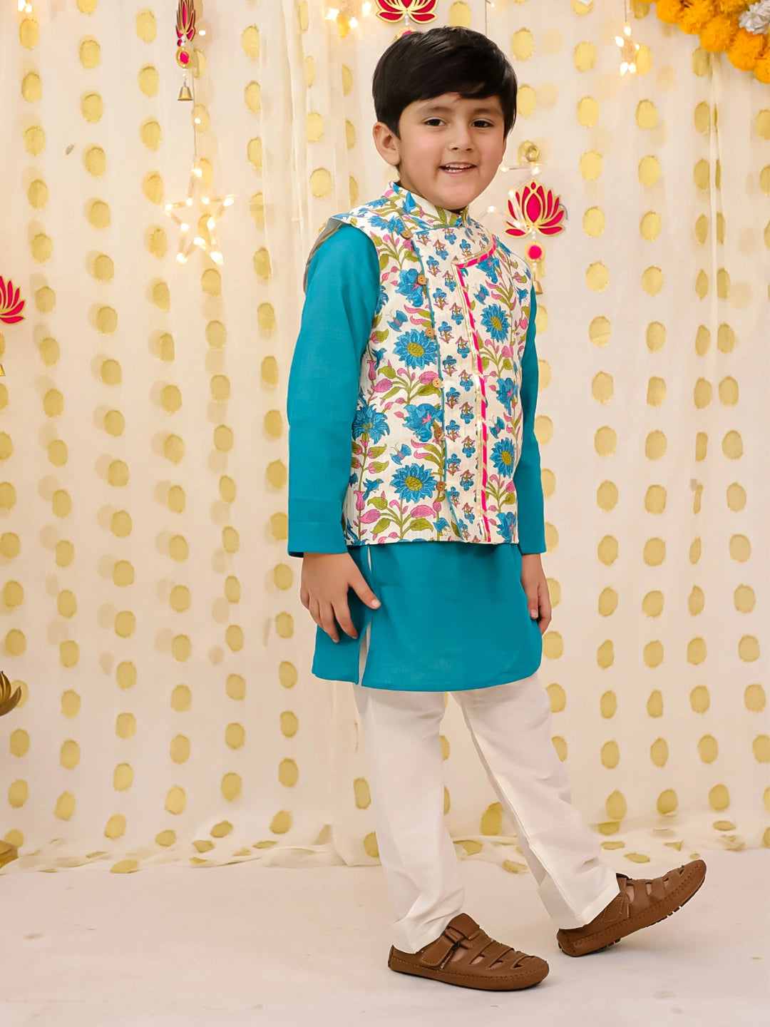 BownBee Pure Cotton Printed Jacket With Solid Kurta Pajama Set For Boys