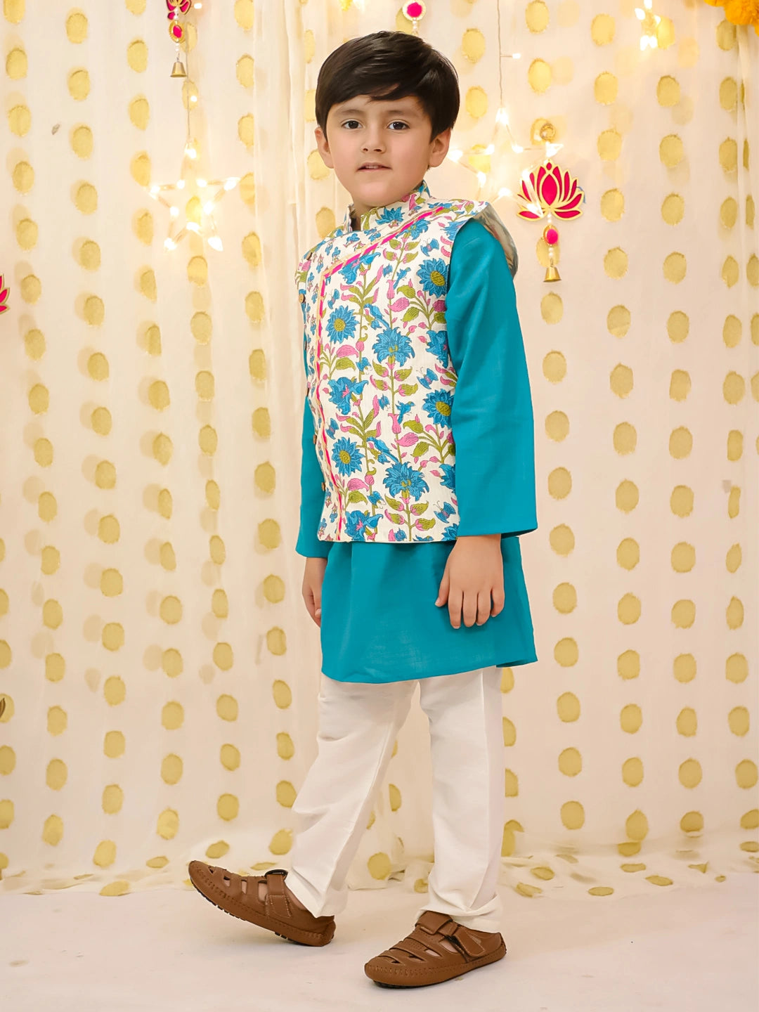 BownBee Pure Cotton Printed Jacket With Solid Kurta Pajama Set For Boys