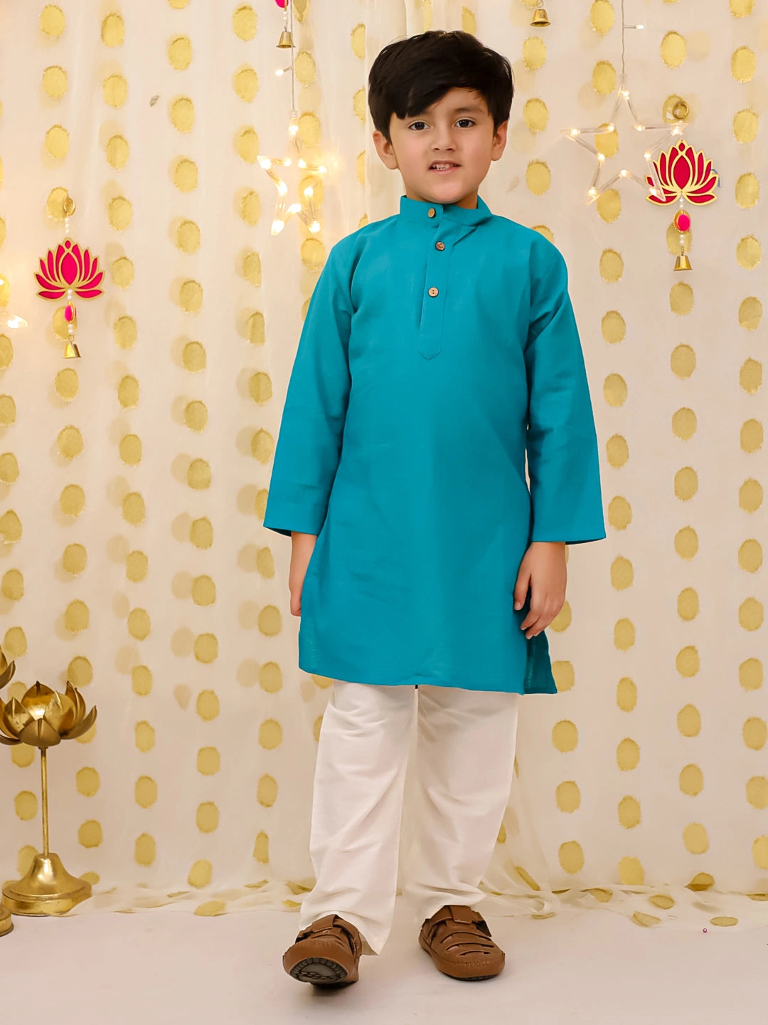 BownBee Pure Cotton Printed Jacket With Solid Kurta Pajama Set For Boys