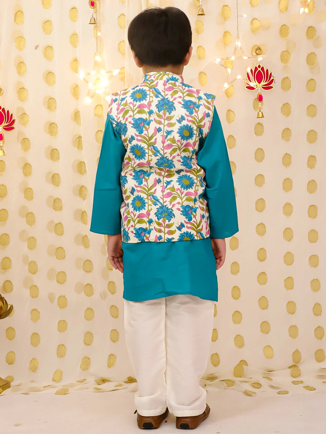 BownBee Pure Cotton Printed Jacket With Solid Kurta Pajama Set For Boys