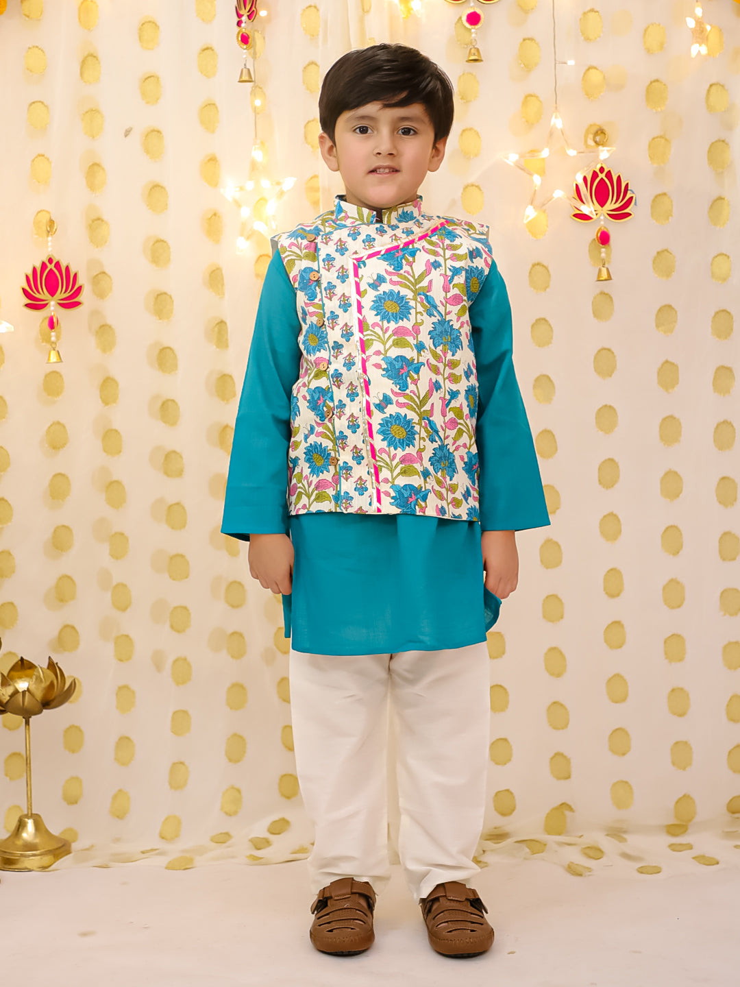 BownBee Pure Cotton Printed Sharara Suit & Kurta Pajama Jacket Sibling Set - Green
