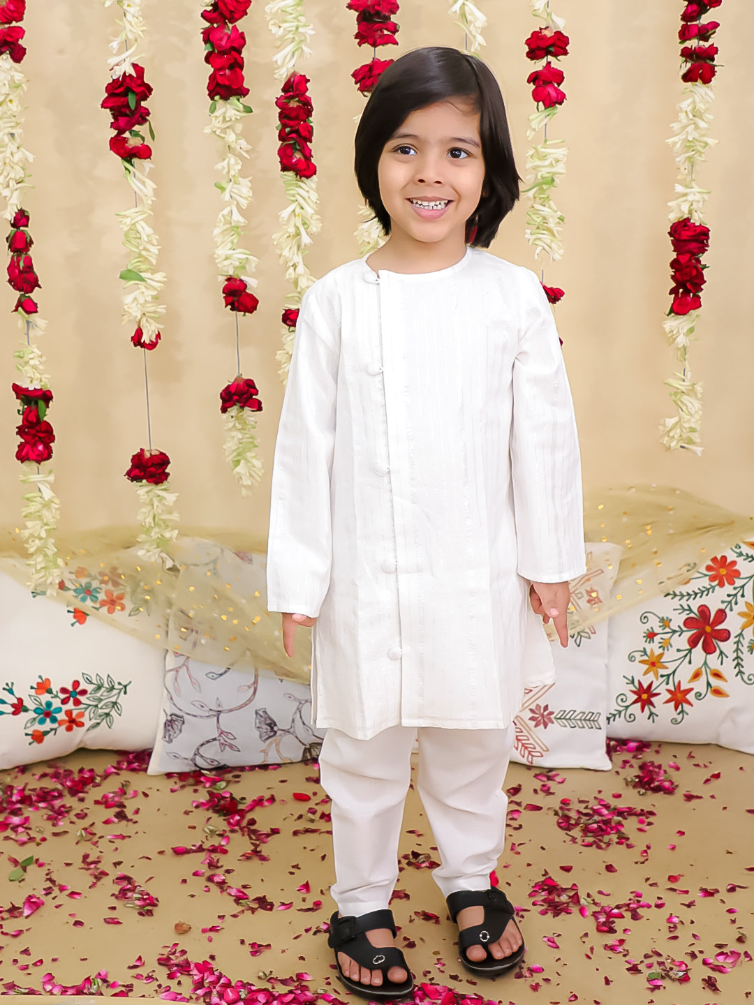 BownBee Pure Cotton Lurex Sharara Suit with Dupatta & Kurta Pajama Sibling Set | Ethnic Wear for Kids – White (Pre Order)