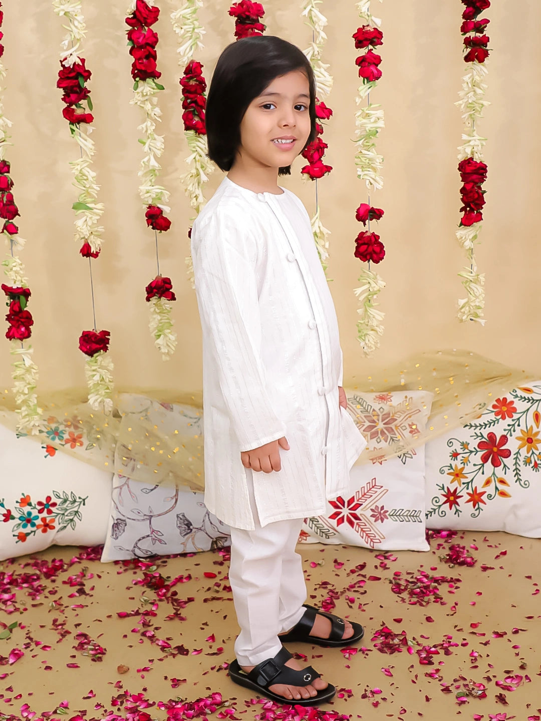 BownBee Pure Cotton Lurex Kurta Pajama Set for Boys | Festive Traditional Wear – White (Pre-Order)