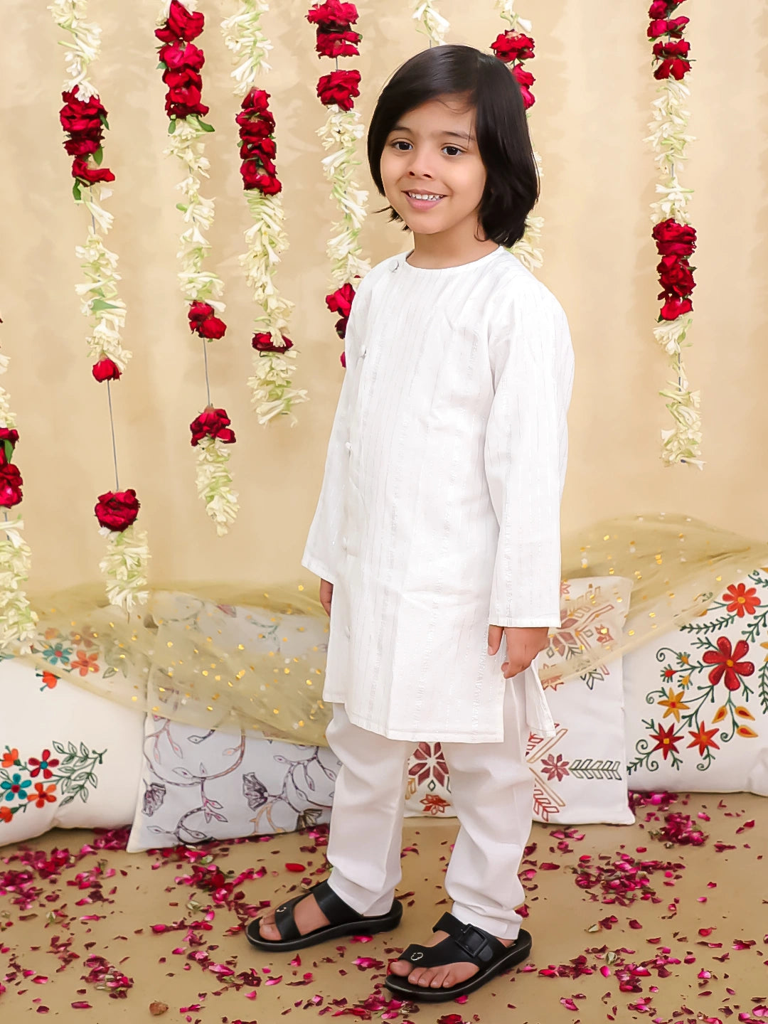 BownBee Pure Cotton Lurex Kurta Pajama Set for Boys | Festive Traditional Wear – White (Pre-Order)