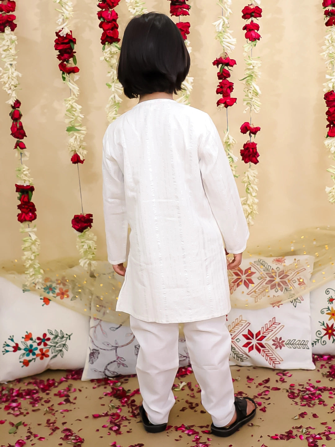BownBee Pure Cotton Lurex Kurta Pajama Set for Boys | Festive Traditional Wear – White (Pre-Order)