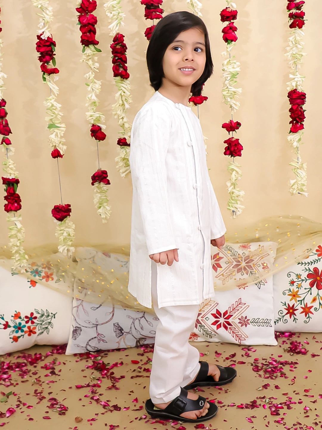 BownBee Pure Cotton Lurex Kurta Pajama Set for Boys | Festive Traditional Wear – White (Pre-Order)