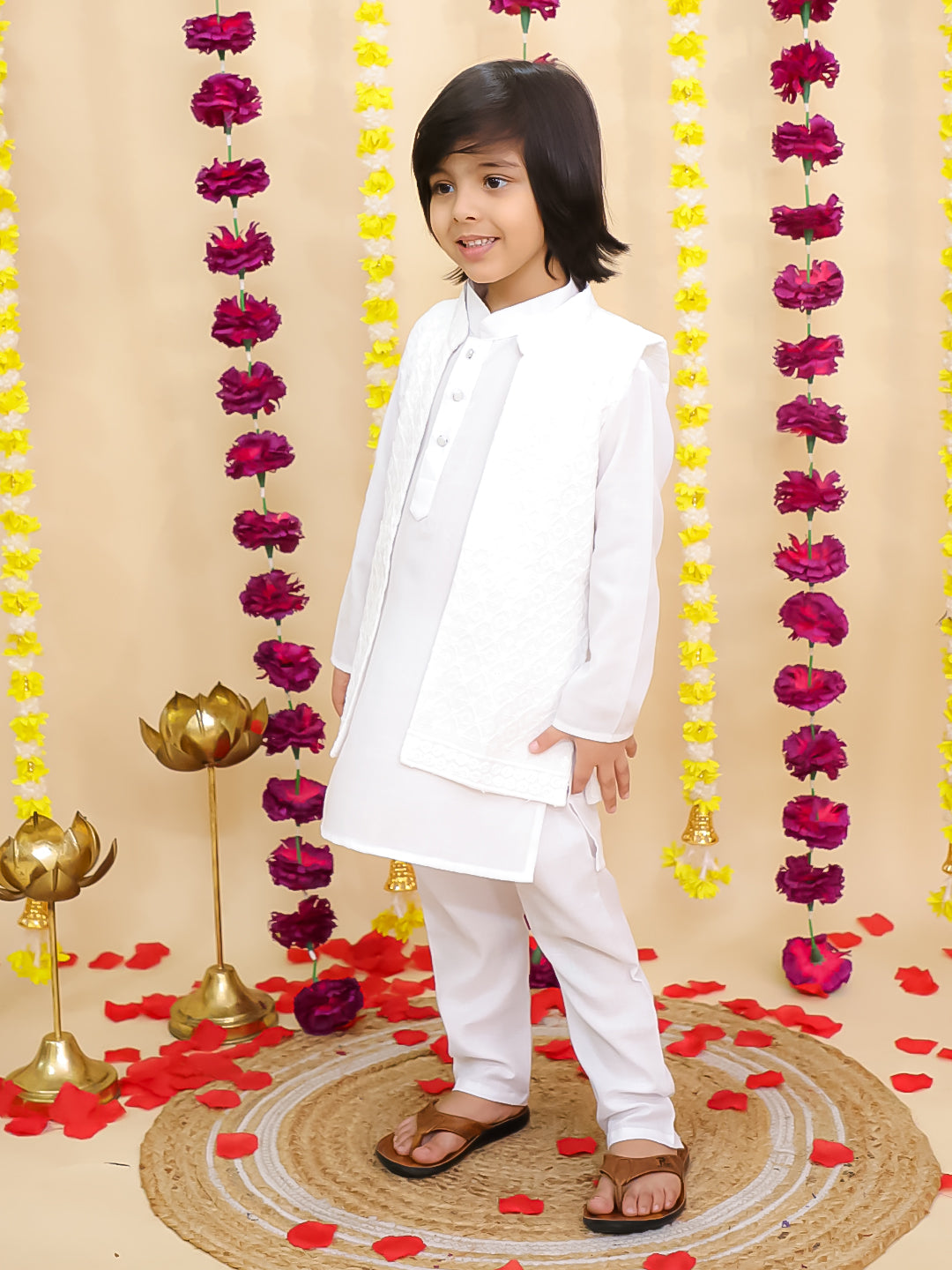 BownBee Chikakari Attach Jacket With Kurta Pajama Set For Boys -White