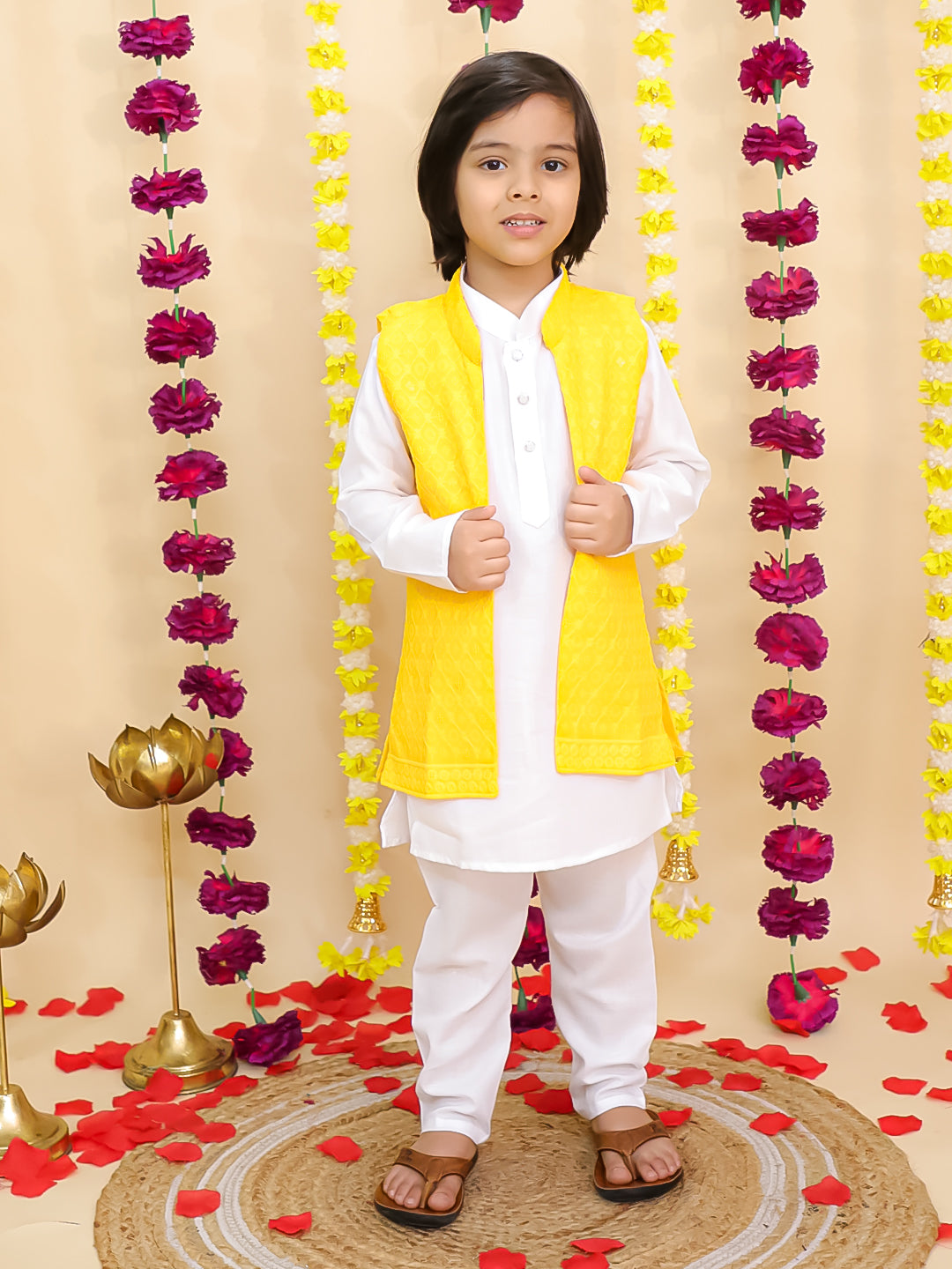 BownBee Chikakari Attach Jacket With Kurta Pajama Set For Boys -White