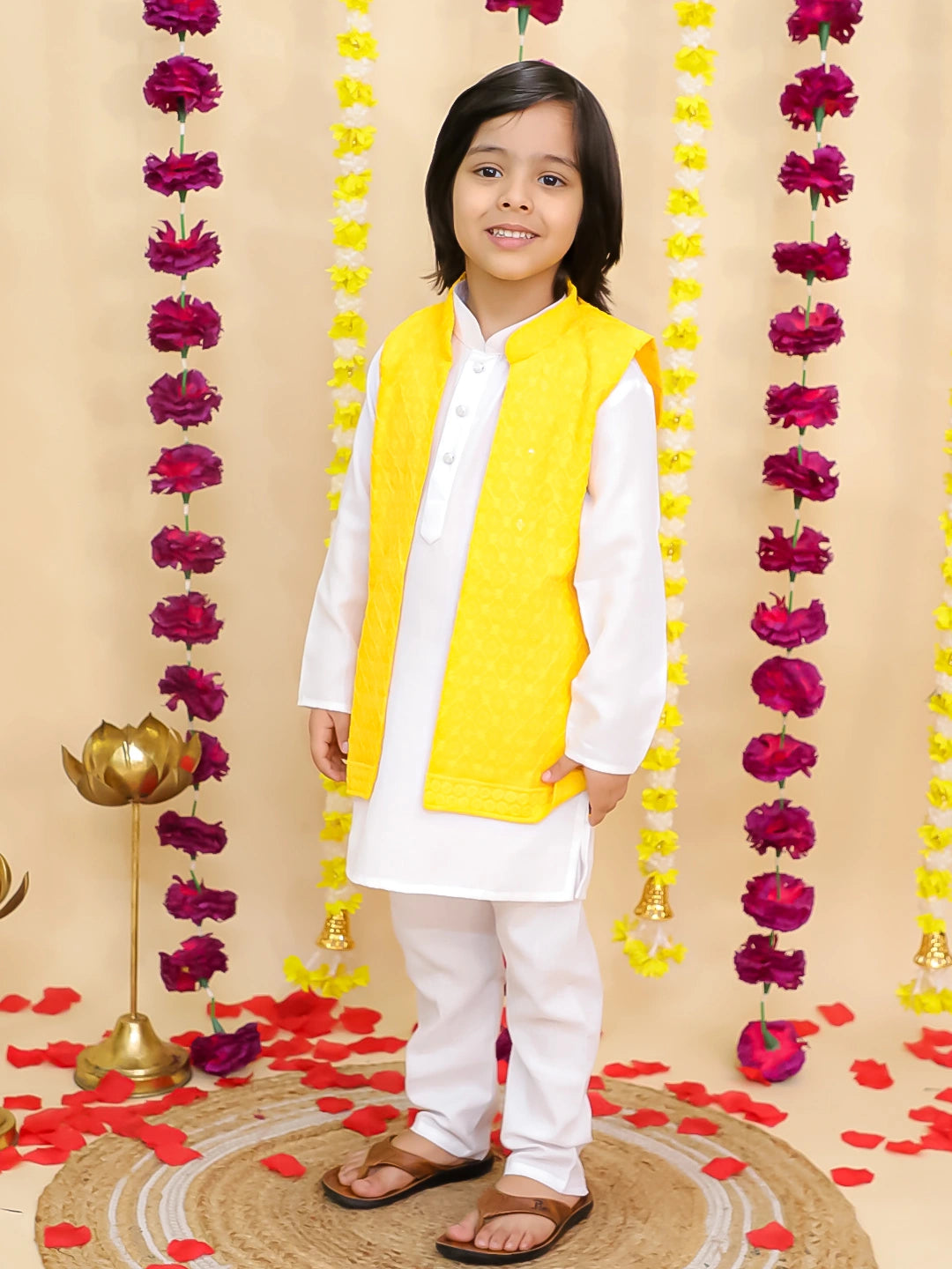 BownBee Chikakari Attach Jacket With Kurta Pajama Set For Boys -White