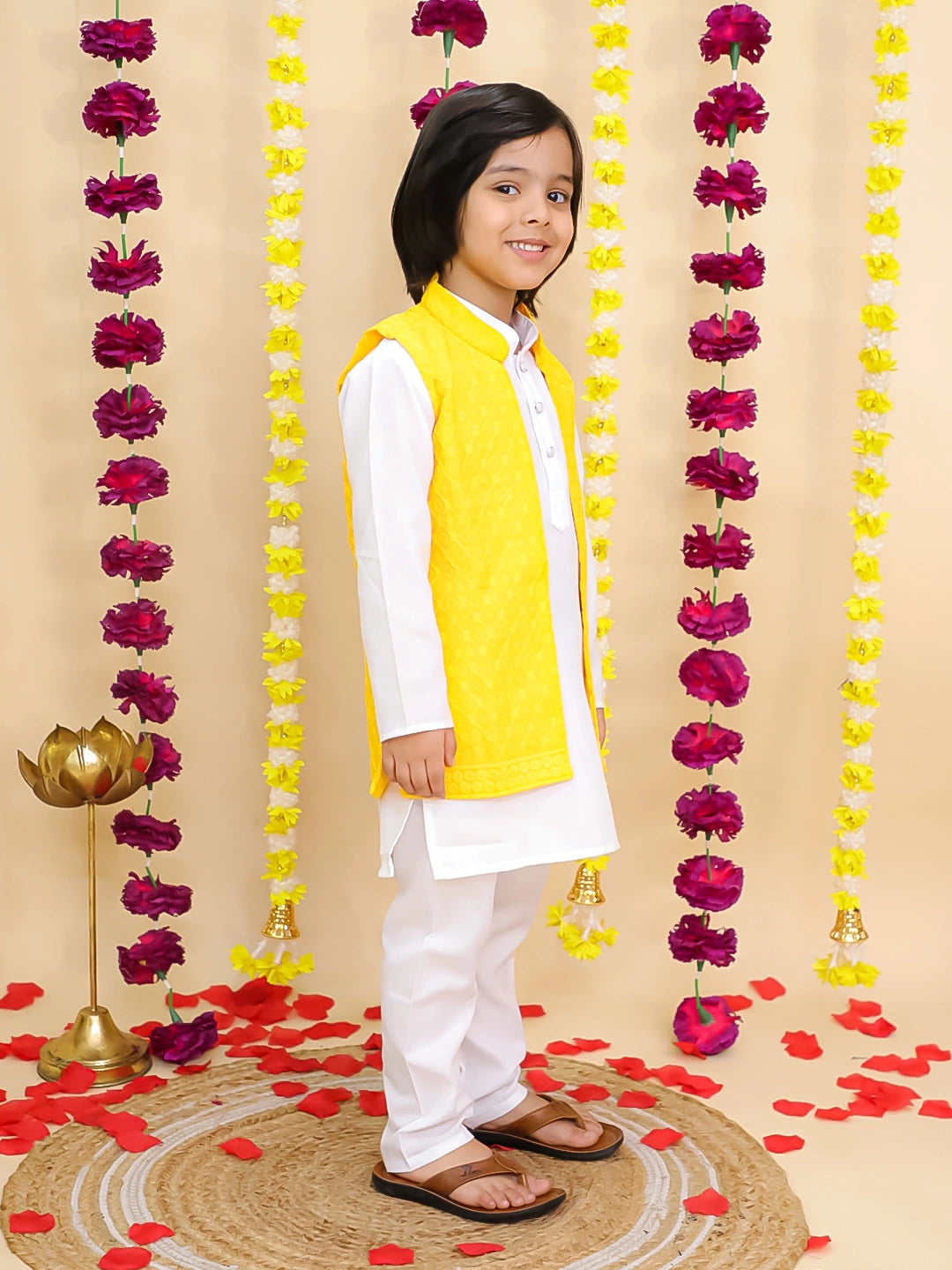 BownBee Chikakari Attach Jacket With Kurta Pajama Set For Boys -White