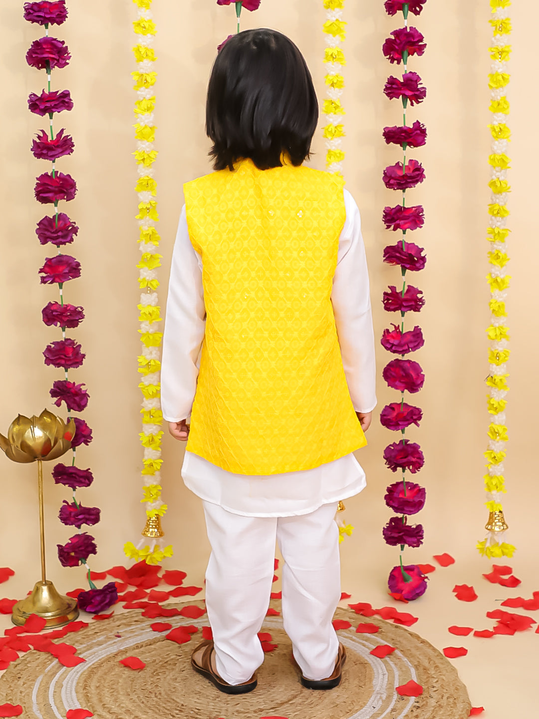 BownBee Chikakari Attach Jacket With Kurta Pajama Set For Boys -Yellow