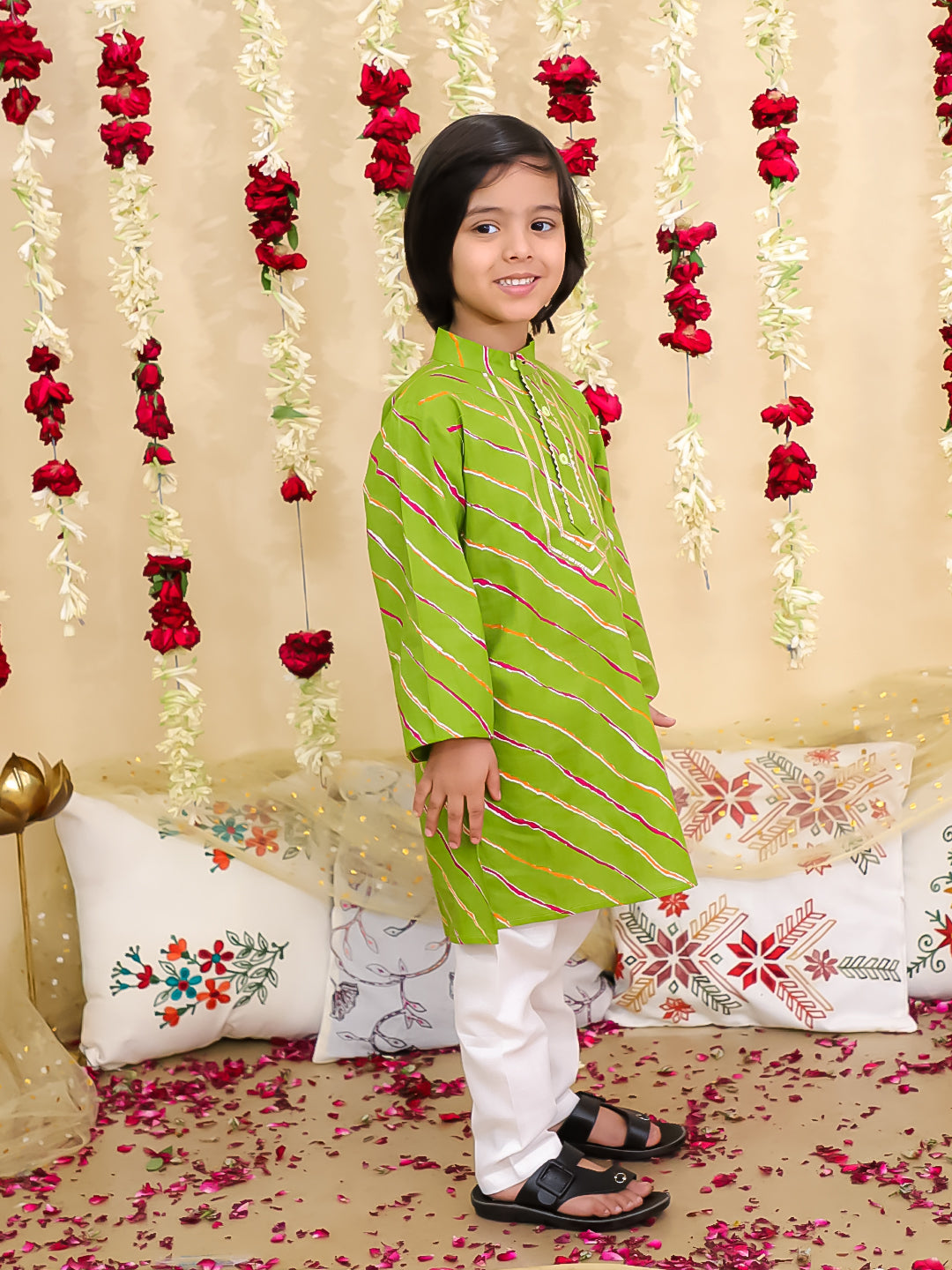 BownBee Pure Cotton Lehriya Kurta Pajama Set for Boys | Traditional Festive Wear –Yellow