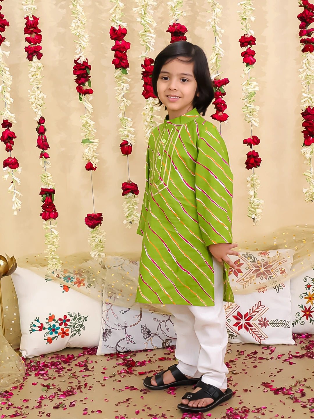 BownBee Pure Cotton Lehriya Kurta Pajama Set for Boys | Traditional Festive Wear – Green