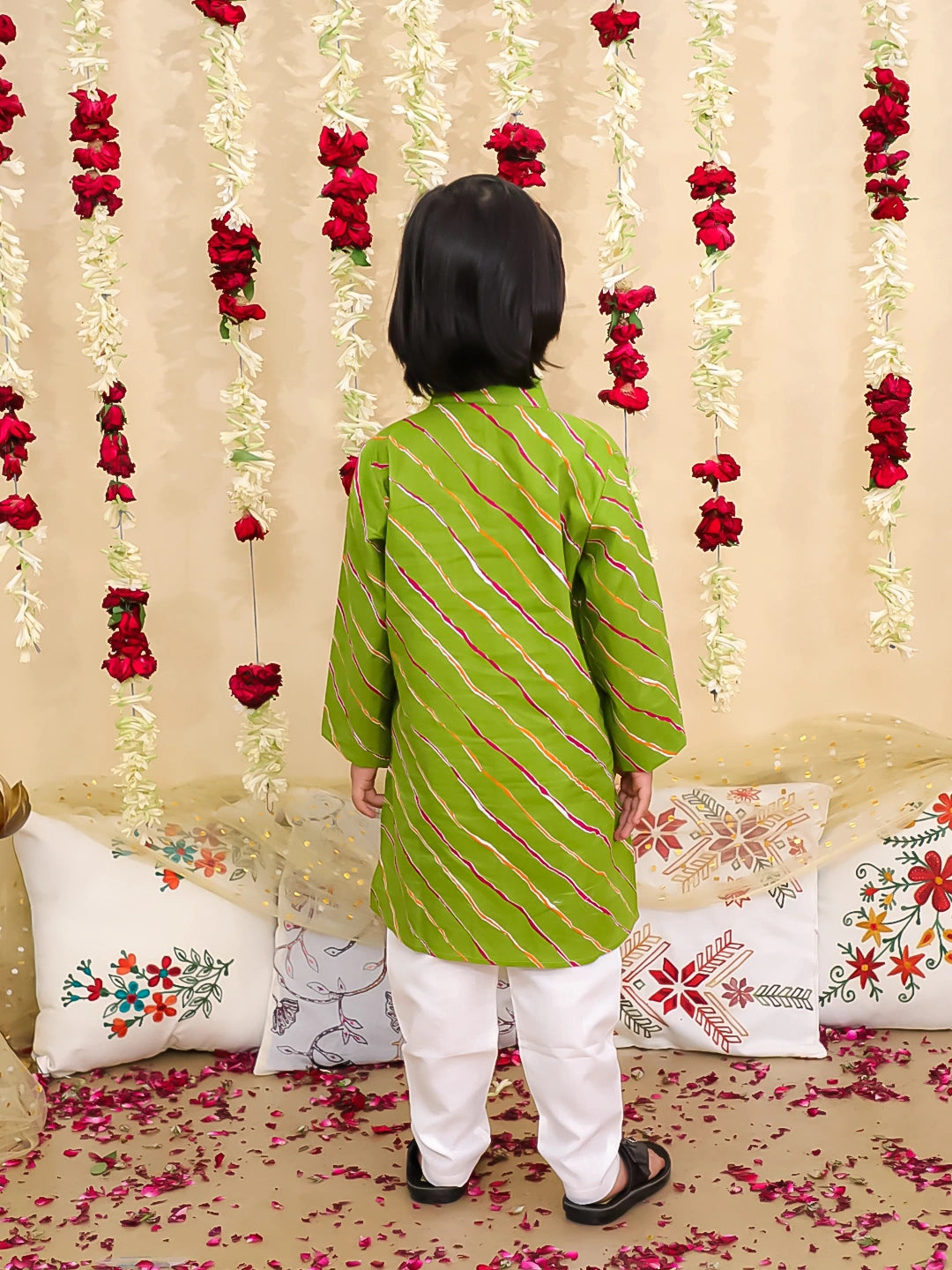 BownBee Pure Cotton Lehriya Kurta Pajama Set for Boys | Traditional Festive Wear – Green