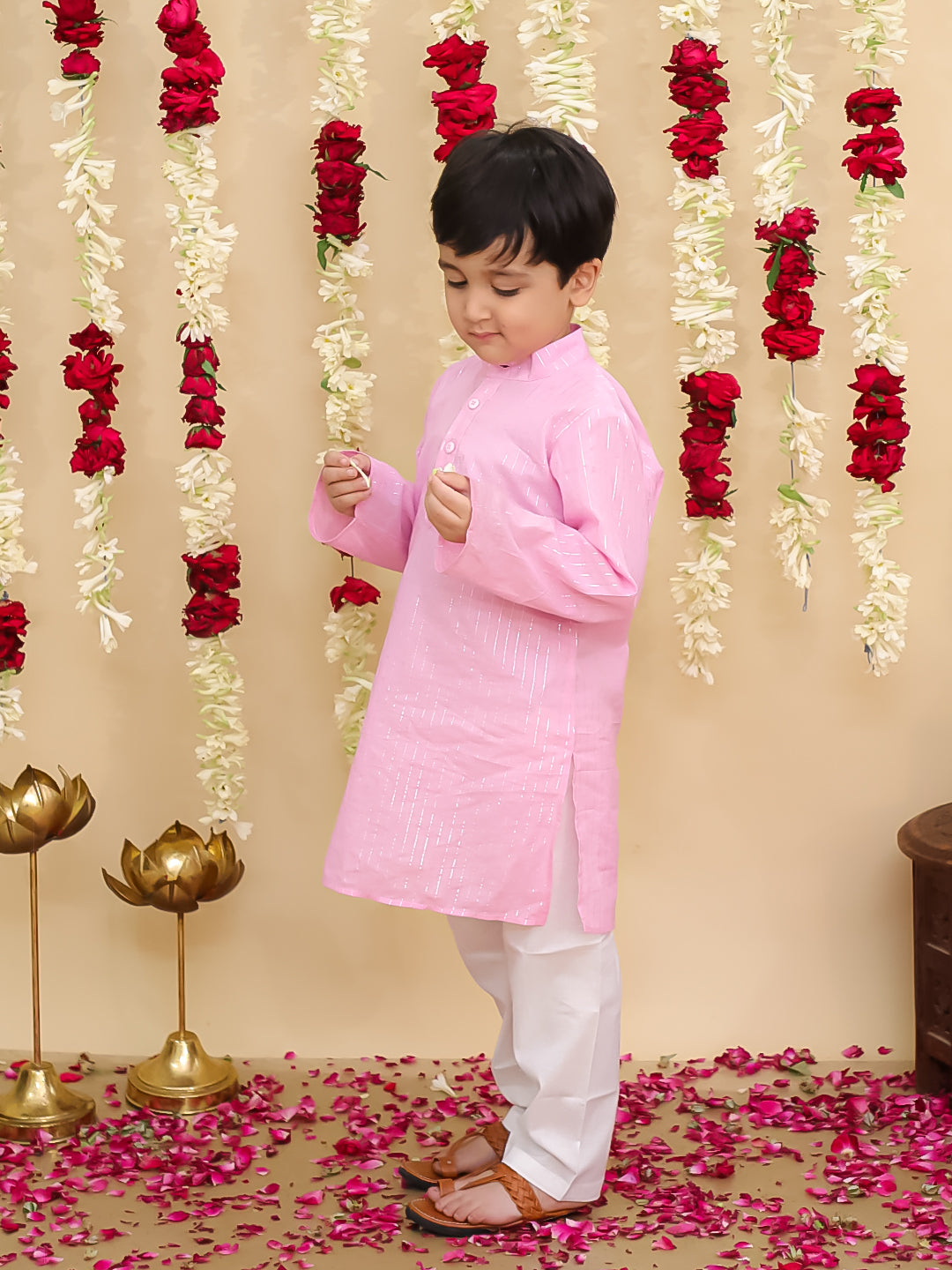 BownBee Pure Cotton Lurex Sharara Set & Kurta Pajama Sibling Set -Pink