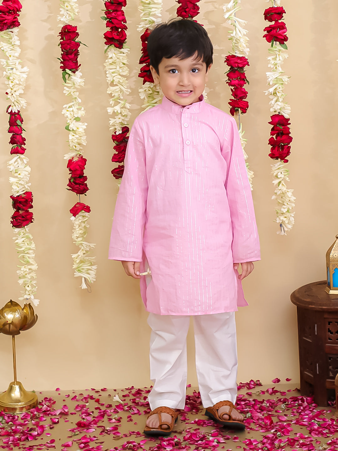 BownBee Pure Cotton Lurex Sharara Set & Kurta Pajama Sibling Set -Pink