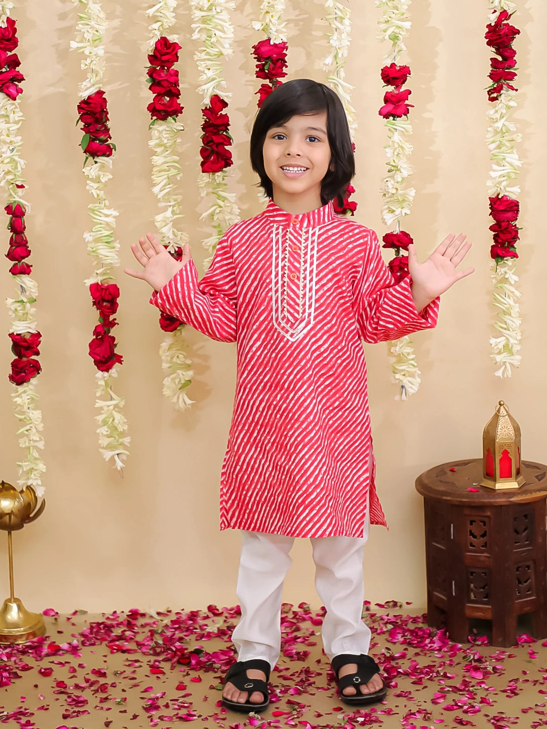 BownBee Pure Cotton Lehriya Kurta Pajama Set for Boys | Traditional Festive Wear – Pink