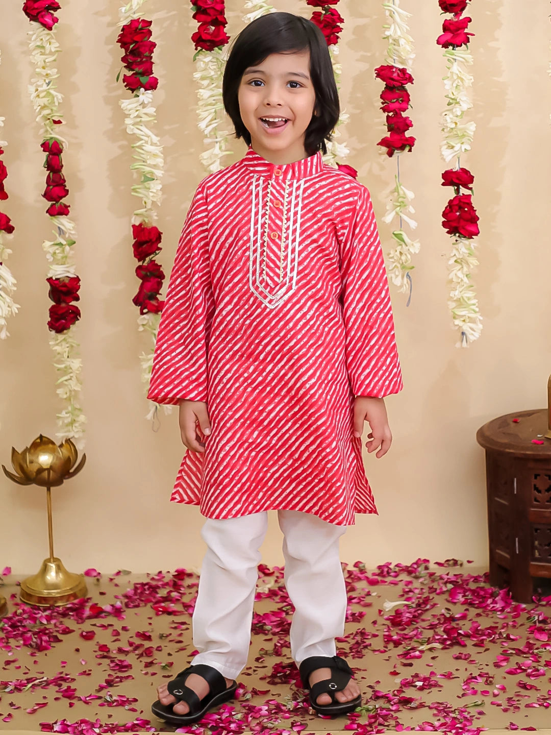 BownBee Pure Cotton Lehriya Kurta Pajama Set for Boys | Traditional Festive Wear – Green