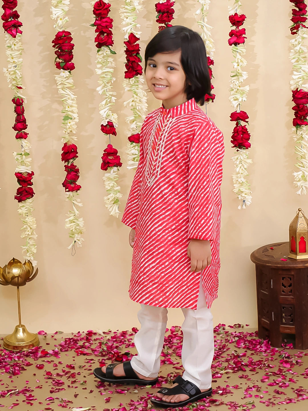 BownBee Pure Cotton Lehriya Kurta Pajama Set for Boys | Traditional Festive Wear – Red