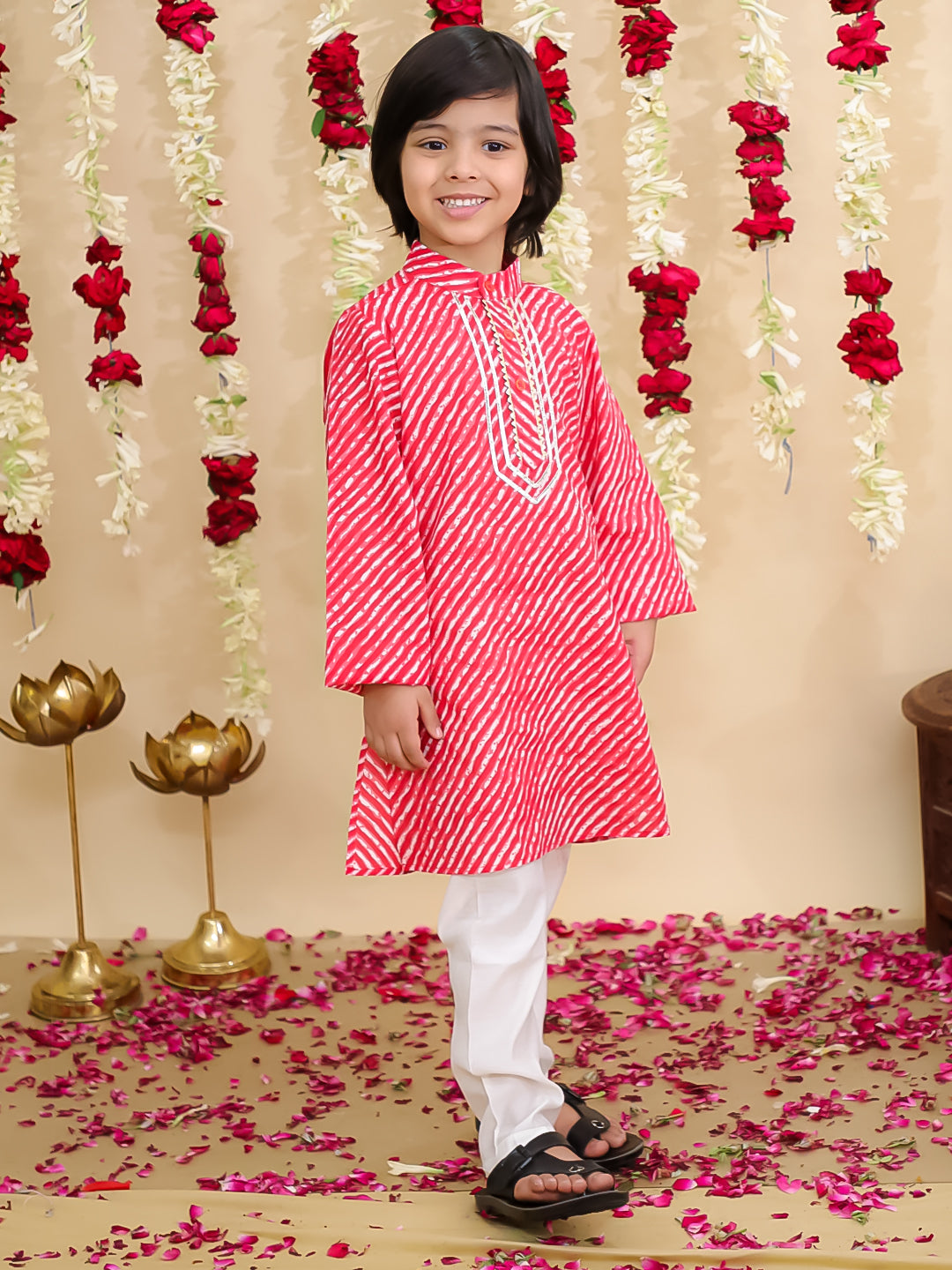 BownBee Pure Cotton Lurex Sharara Set & Kurta Pajama Sibling Set - Red