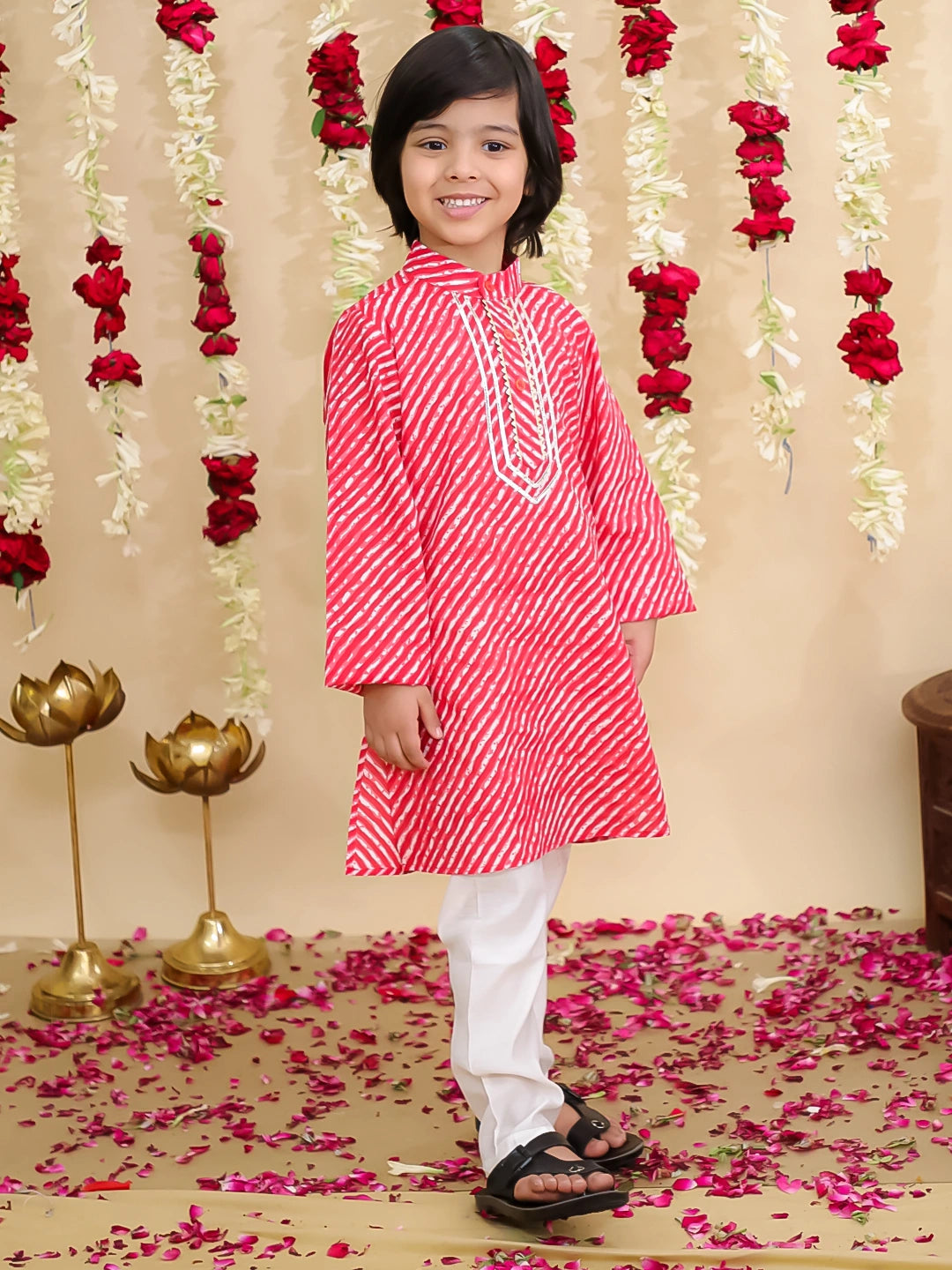 BownBee Pure Cotton Lehriya Kurta Pajama Set for Boys | Traditional Festive Wear – Red