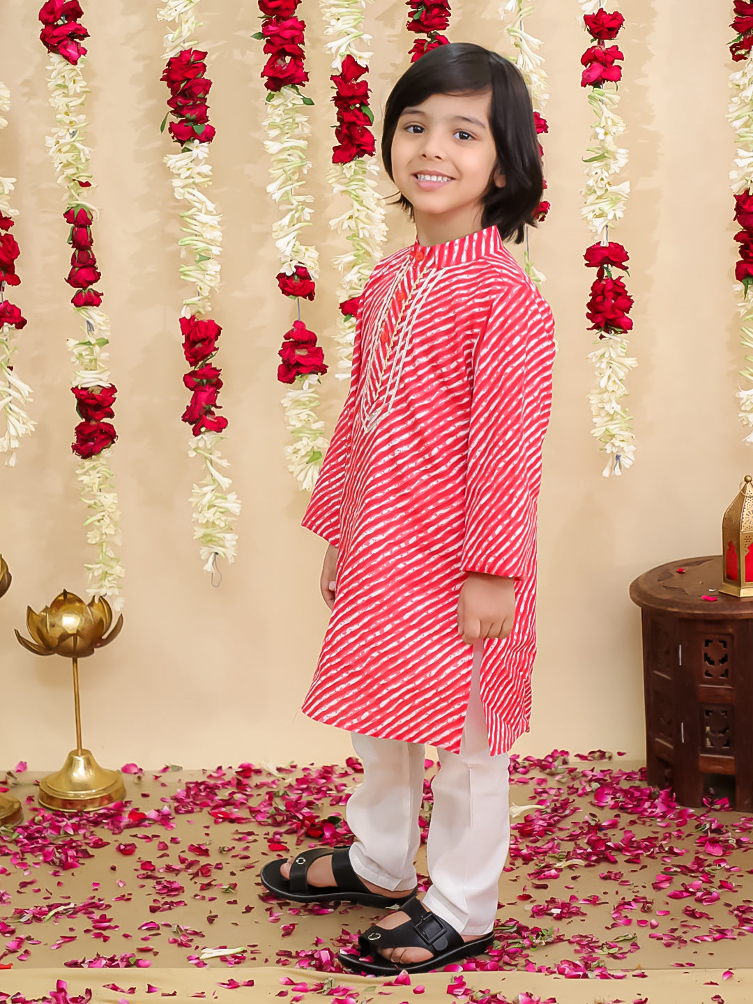 BownBee Pure Cotton Lurex Sharara Set & Kurta Pajama Sibling Set - Red