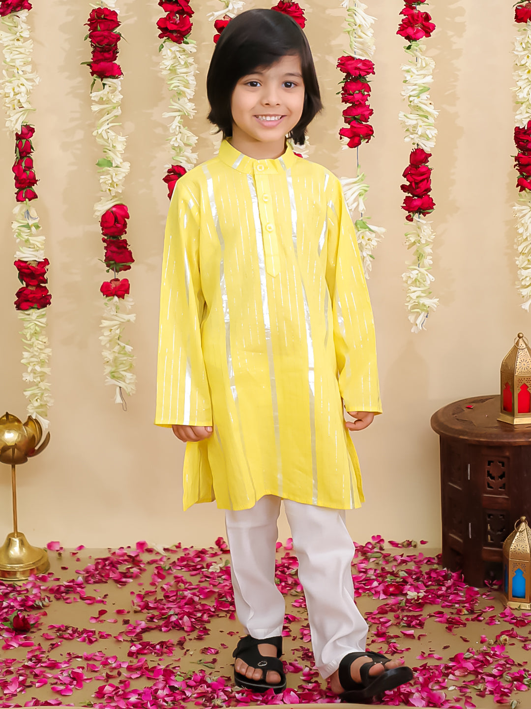BownBee Pure Cotton Lurex Sharara Set & Kurta Pajama Sibling Set - Yellow