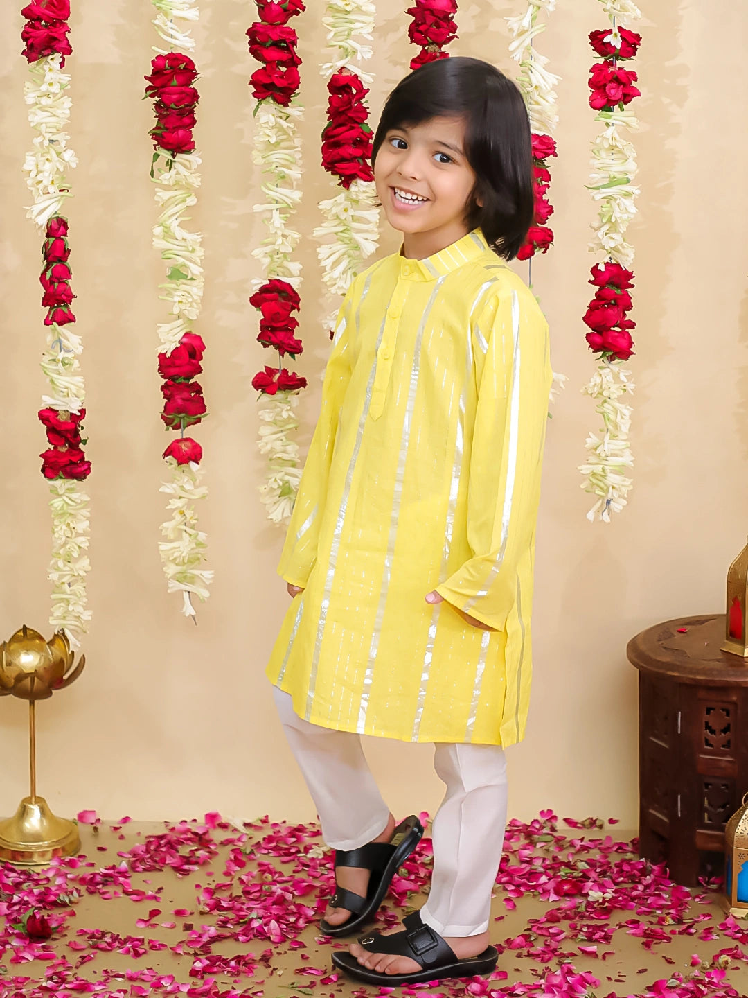 BownBee Pure Cotton Lehriya Kurta Pajama Set for Boys | Traditional Festive Wear – Green