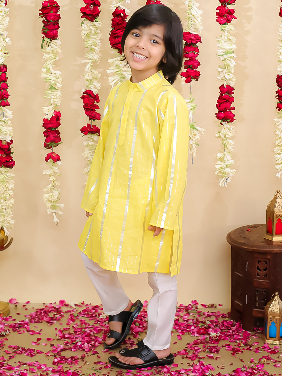 BownBee Pure Cotton Lurex Sharara Set & Kurta Pajama Sibling Set - Yellow