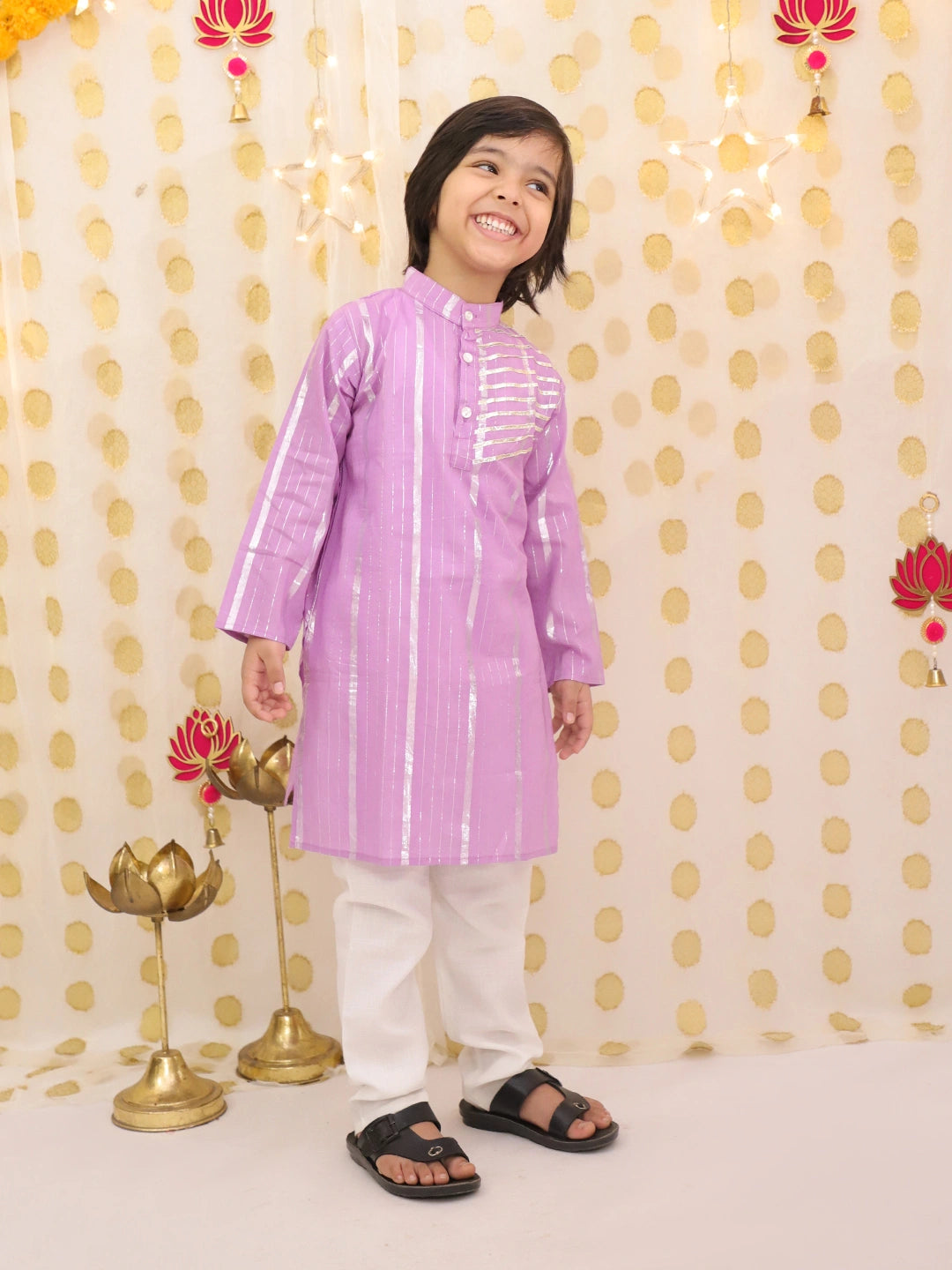 BownBee Pure Cotton Lurex Kurta Pajama Sibling Set Purple & Lilac Combo