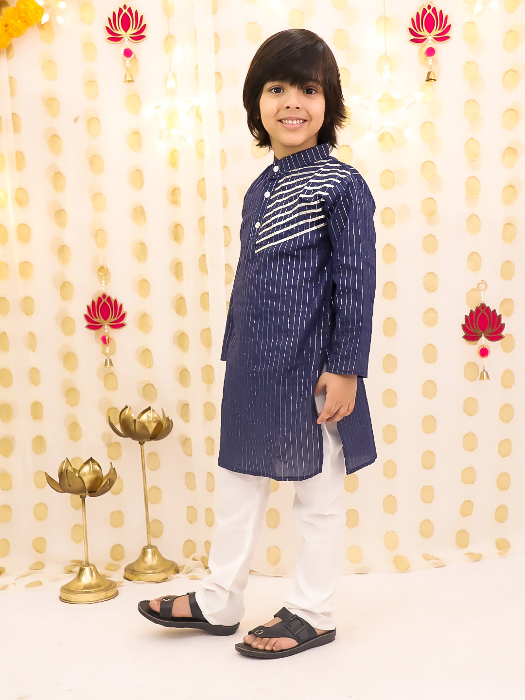 BownBee Pure Cotton Lurex Kurta Pajama Set For Boys - Navy Blue