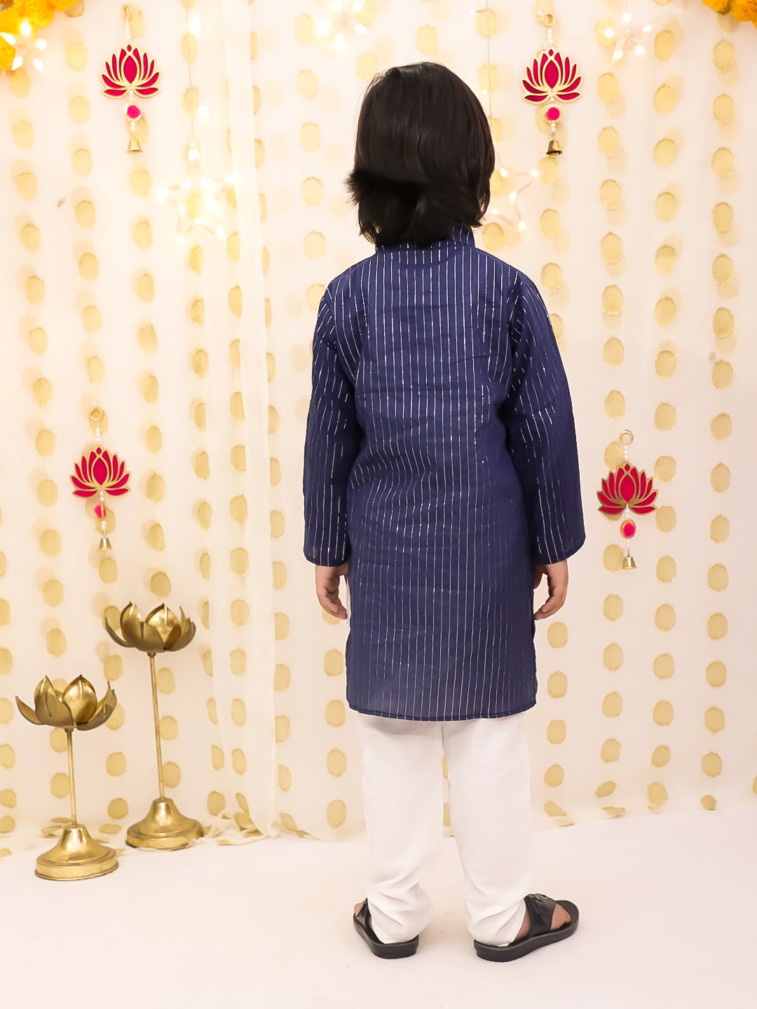 BownBee Pure Cotton Lurex Kurta Pajama Set For Boys - Navy Blue
