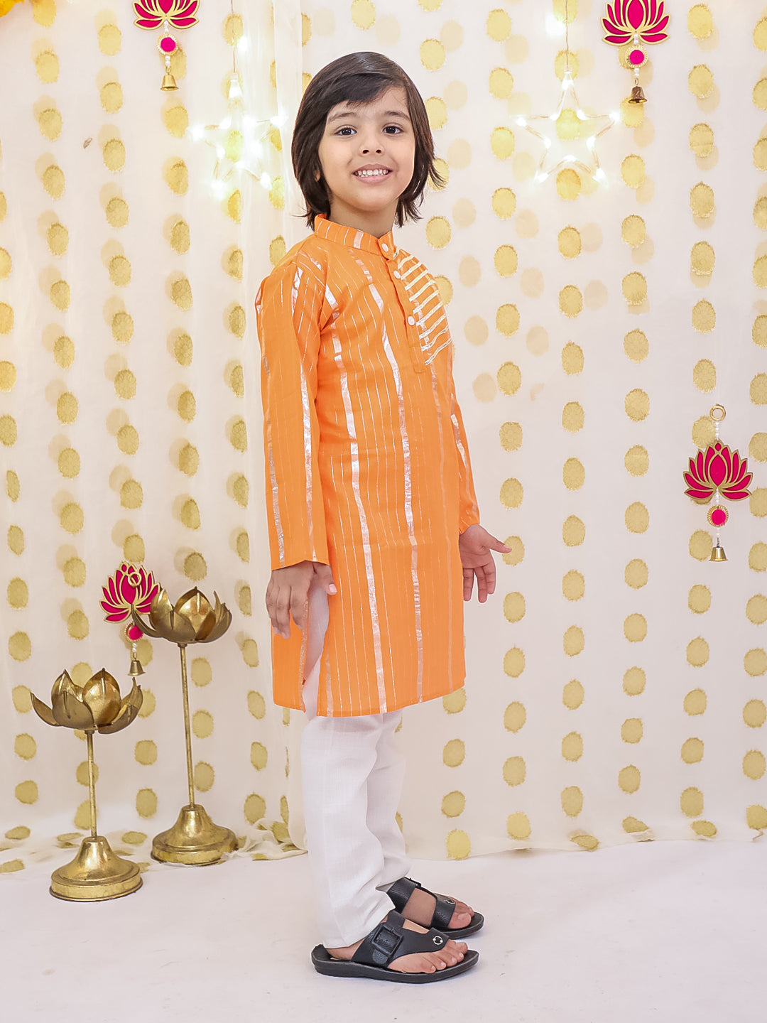 BownBee Pure Cotton Lurex Kurta Pajama Set For Boys - Orange