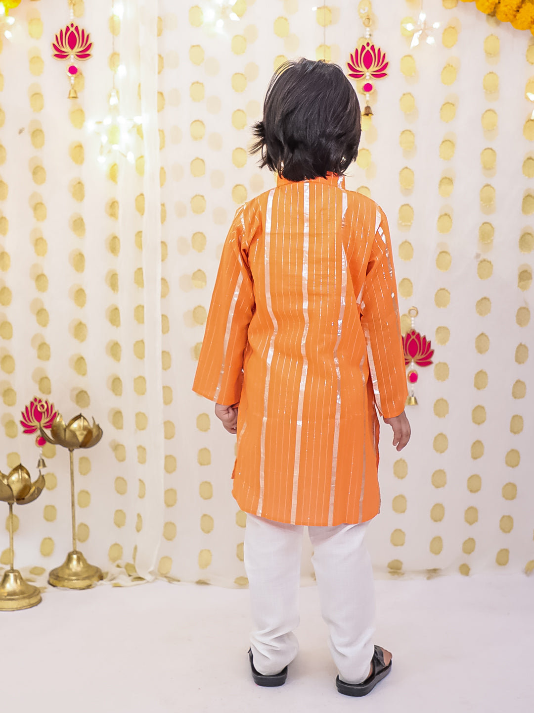 BownBee Pure Cotton Lurex Kurta Pajama Set For Boys - Orange