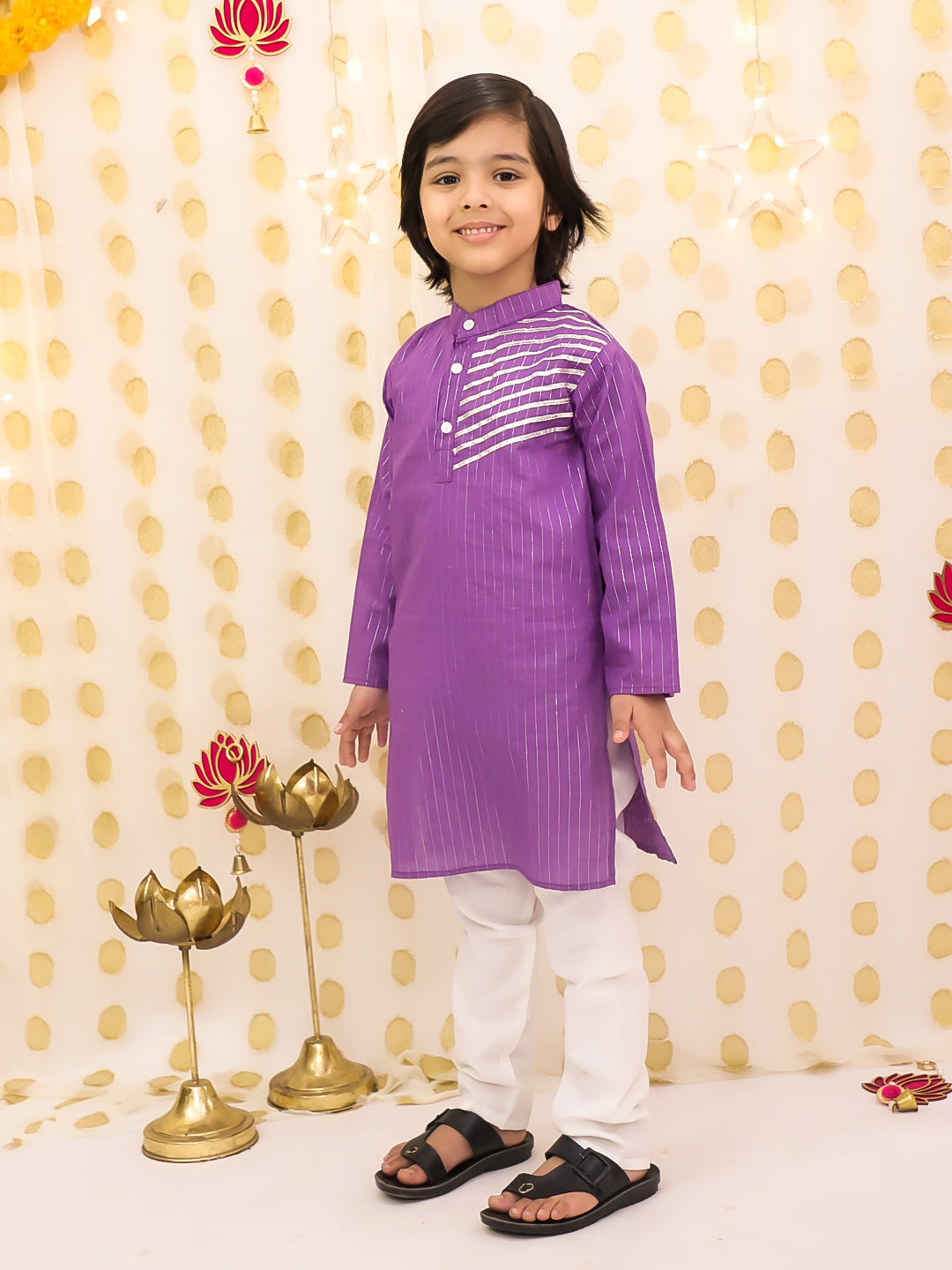 BownBee Pure Cotton Lurex Kurta Pajama Set For Boys - Purple