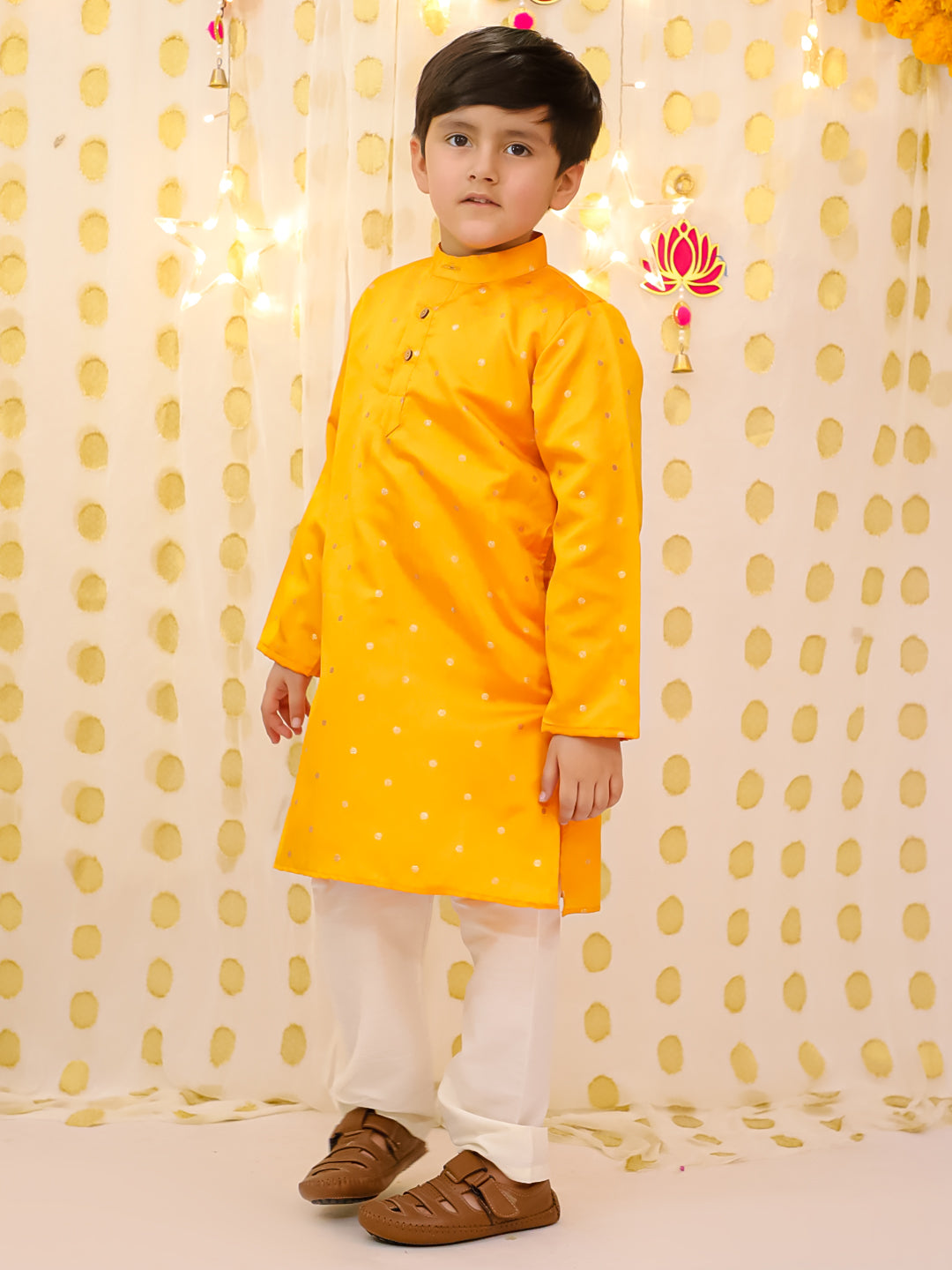 BownBee Festive FullSleeves Silk Kurta Pajama Set For Boys - Orange