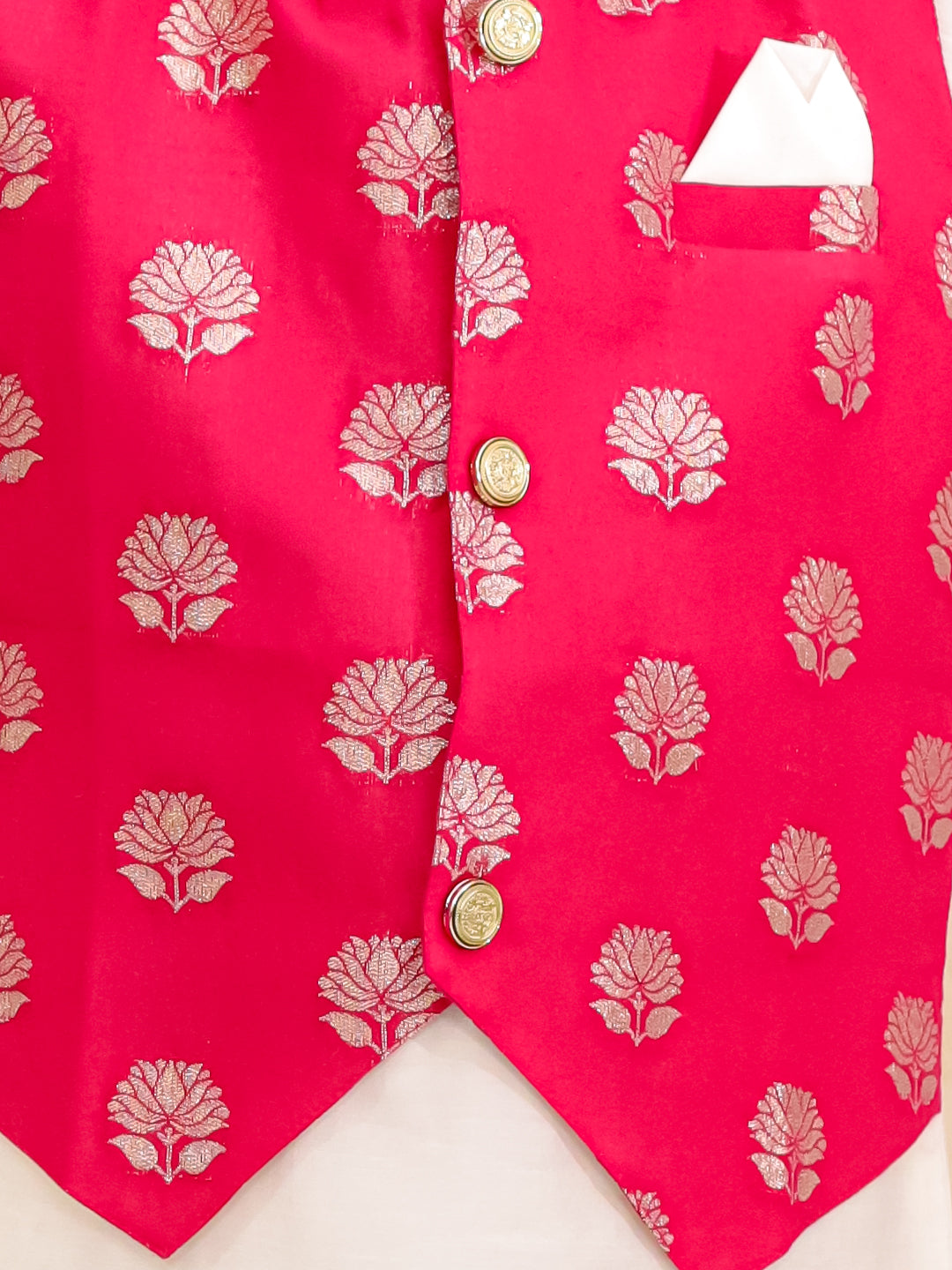 BownBee Festive Pure Chanderi Jacket With Kurta Pajama Set For Boys - Pink