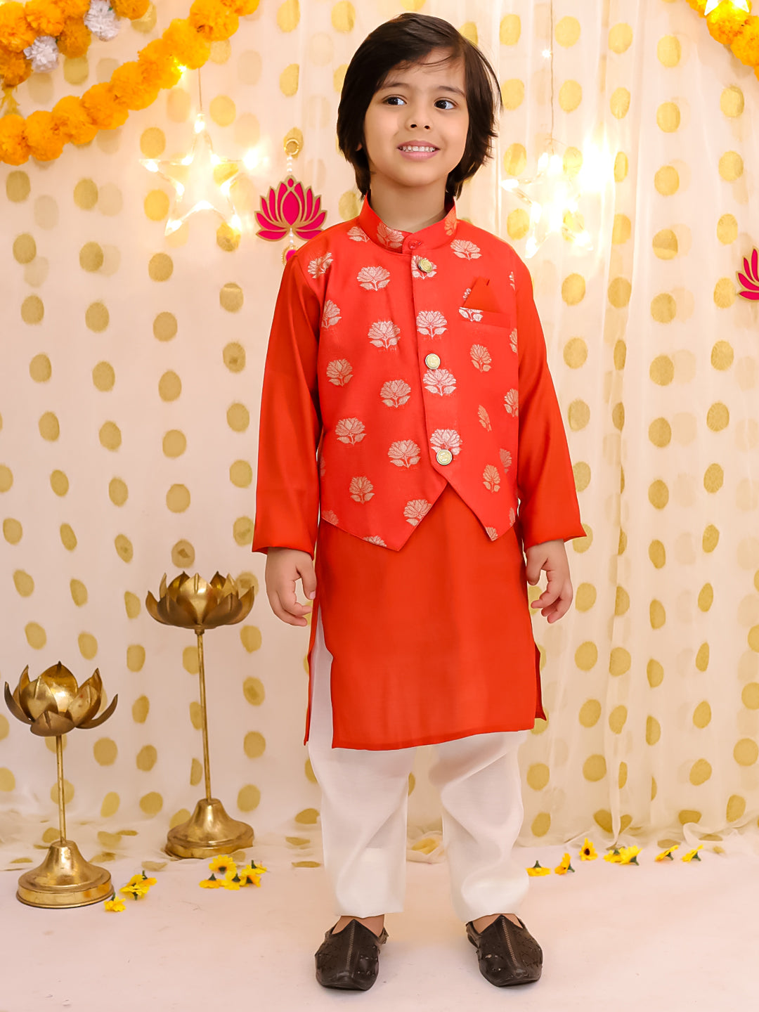 BownBee Chanderi Lehenga Choli & Kurta Pajama Jacket Sibling Set - Rust