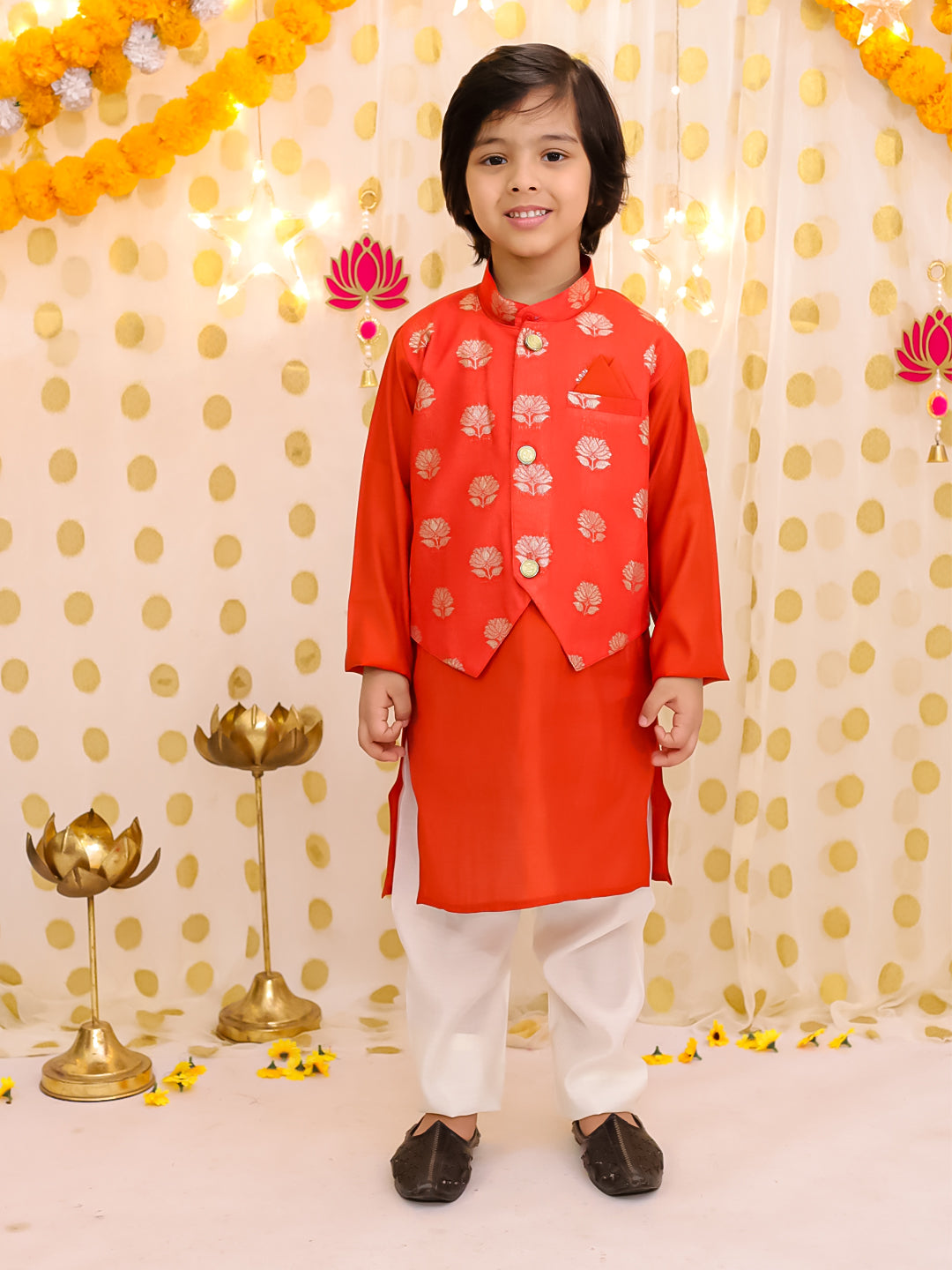 BownBee Festive Pure Chanderi Jacket With Kurta Pajama Set For Boys - Rust