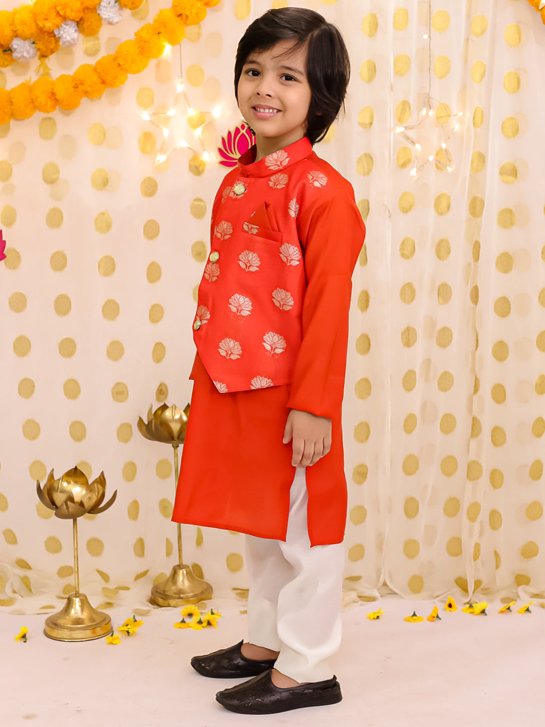 BownBee Chanderi Lehenga Choli & Kurta Pajama Jacket Sibling Set - Rust