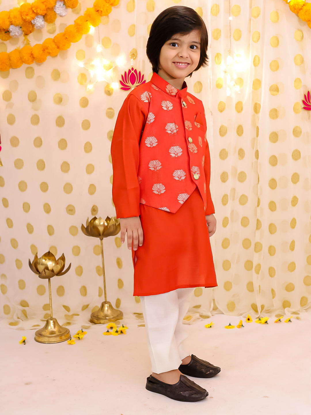 BownBee Festive Pure Chanderi Jacket With Kurta Pajama Set For Boys - Rust