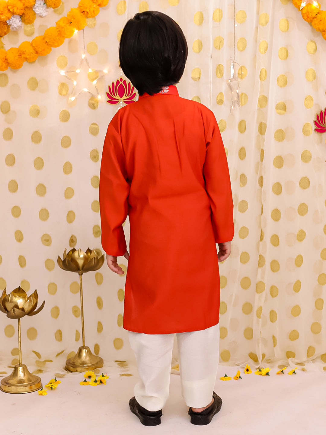 BownBee Festive Pure Chanderi Jacket With Kurta Pajama Set For Boys - Rust