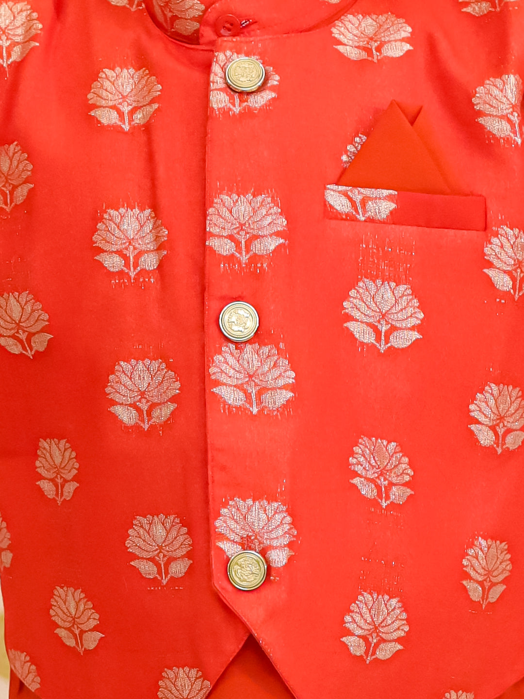 BownBee Festive Pure Chanderi Jacket With Kurta Pajama Set For Boys - Rust